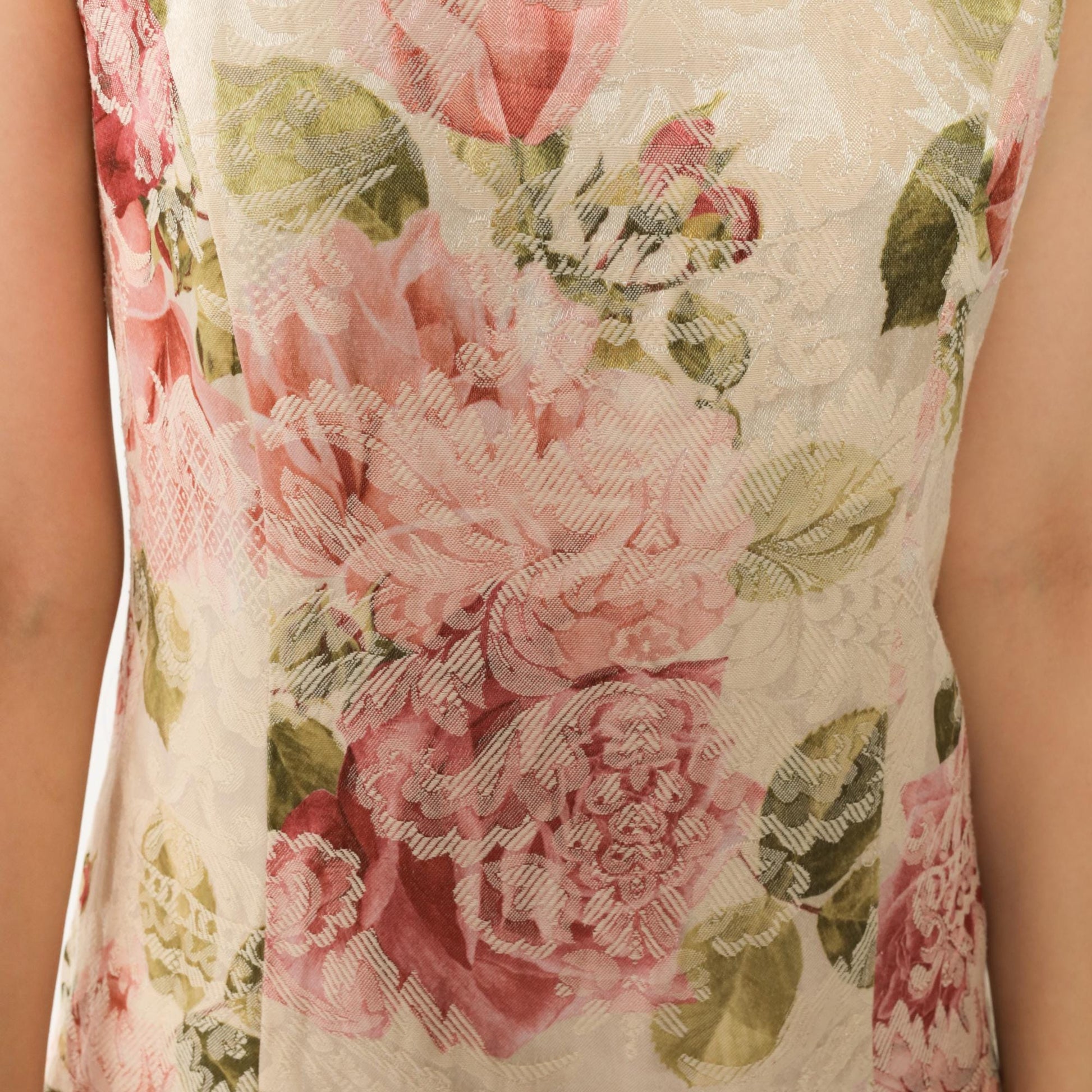 90s Newport News Floral Jacquard Sheath Dress Cream Pink Mini Small