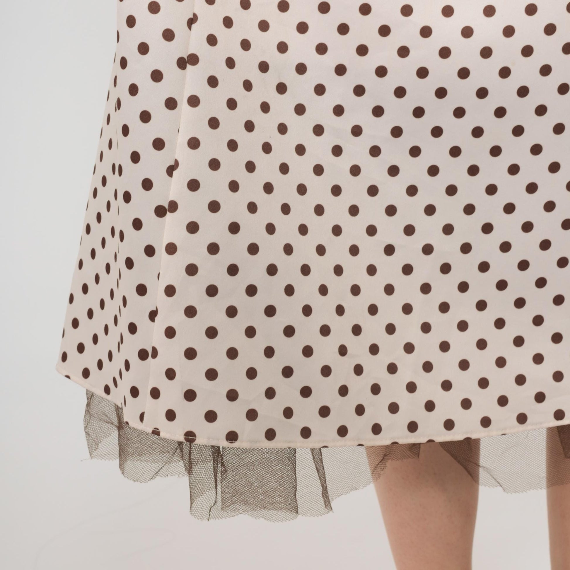 Y2K White Polka Dot Halter Midi Dress Brown Ribbon Bow Empire Waist Large 14