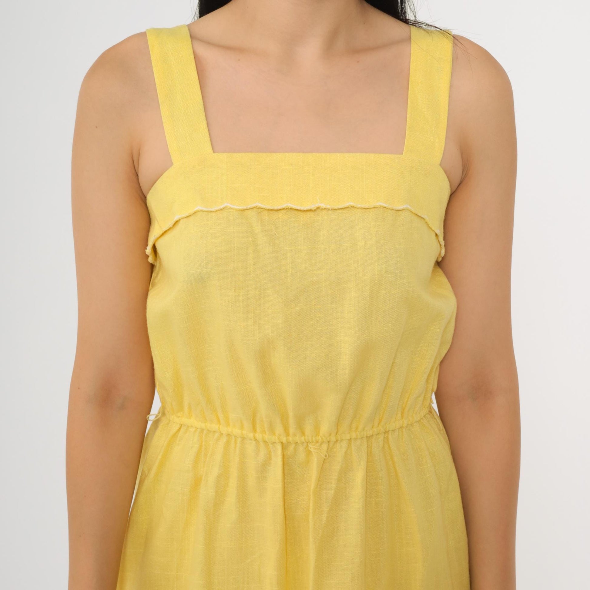80s Yellow Sleeveless Midi Dress High Waist Square Neck Small S