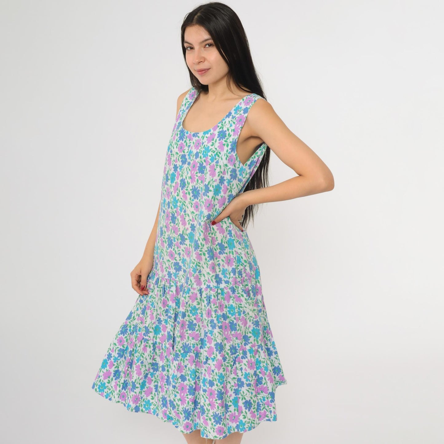 80s Floral Midi Dress White Blue Purple Tiered Drop Waist Sleeveless Medium
