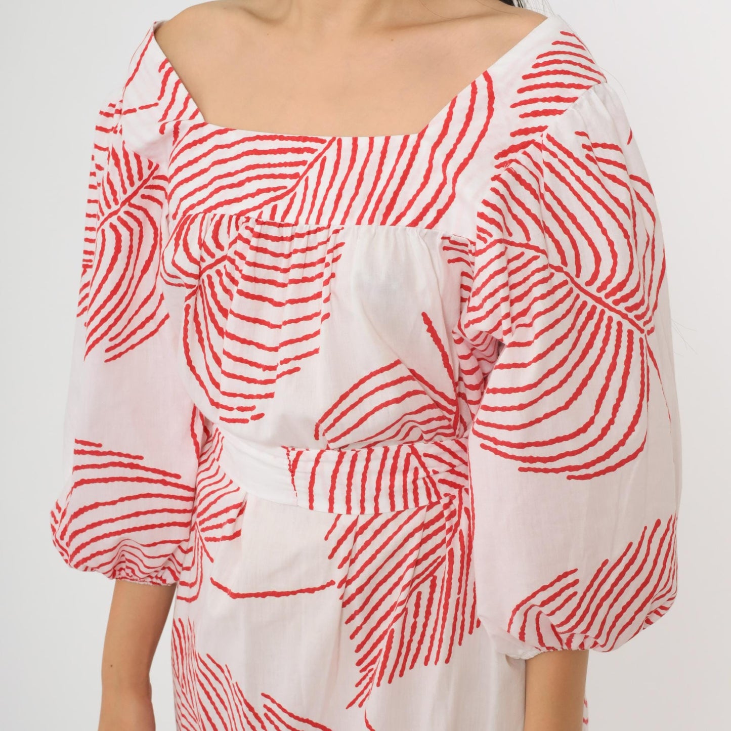 80s Periphery Loungewear Tropical Leaf Print Midi Dress Red White Large L