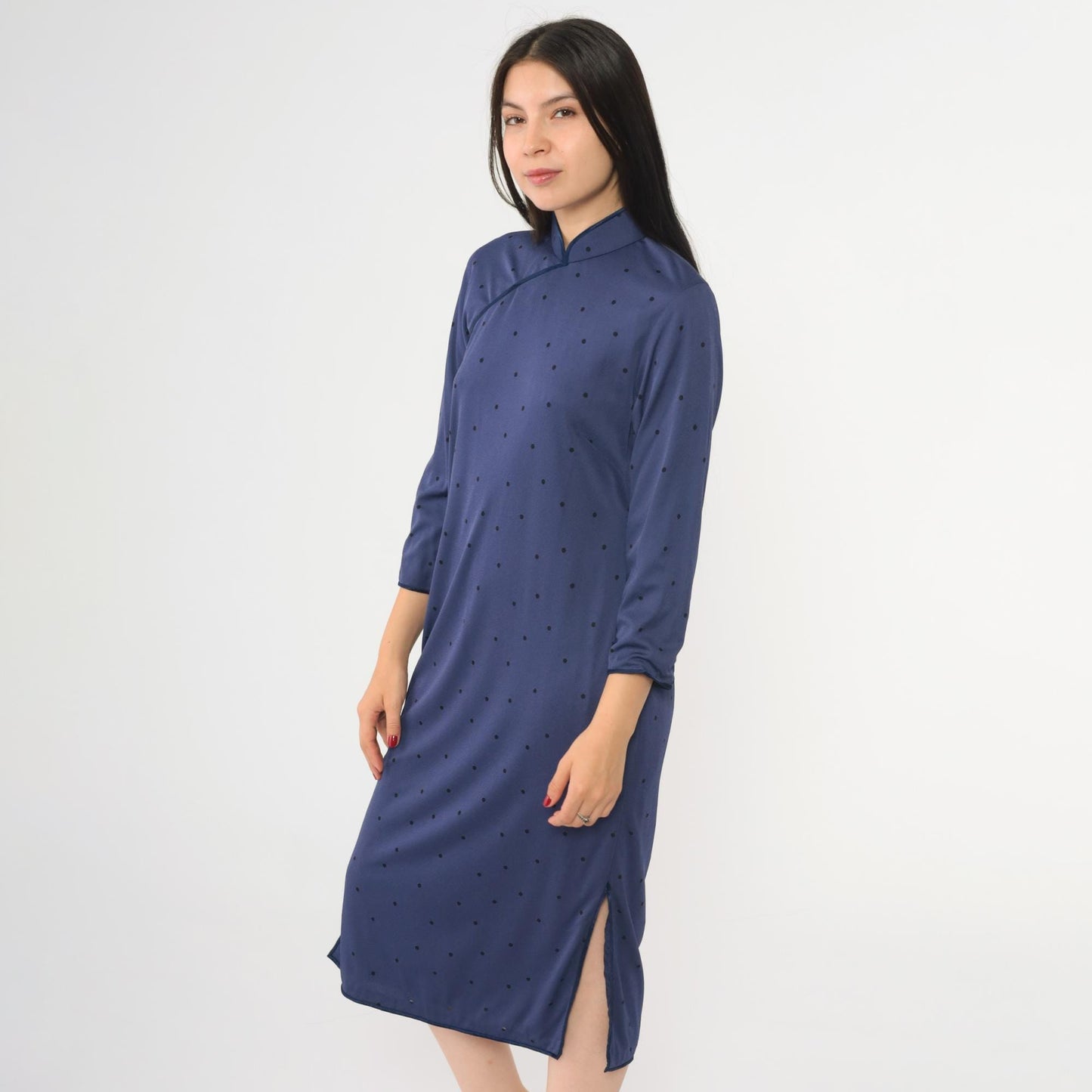 80s Navy Polka Dot Cheongsam Midi Dress Mandarin Collar Side Slit Medium M