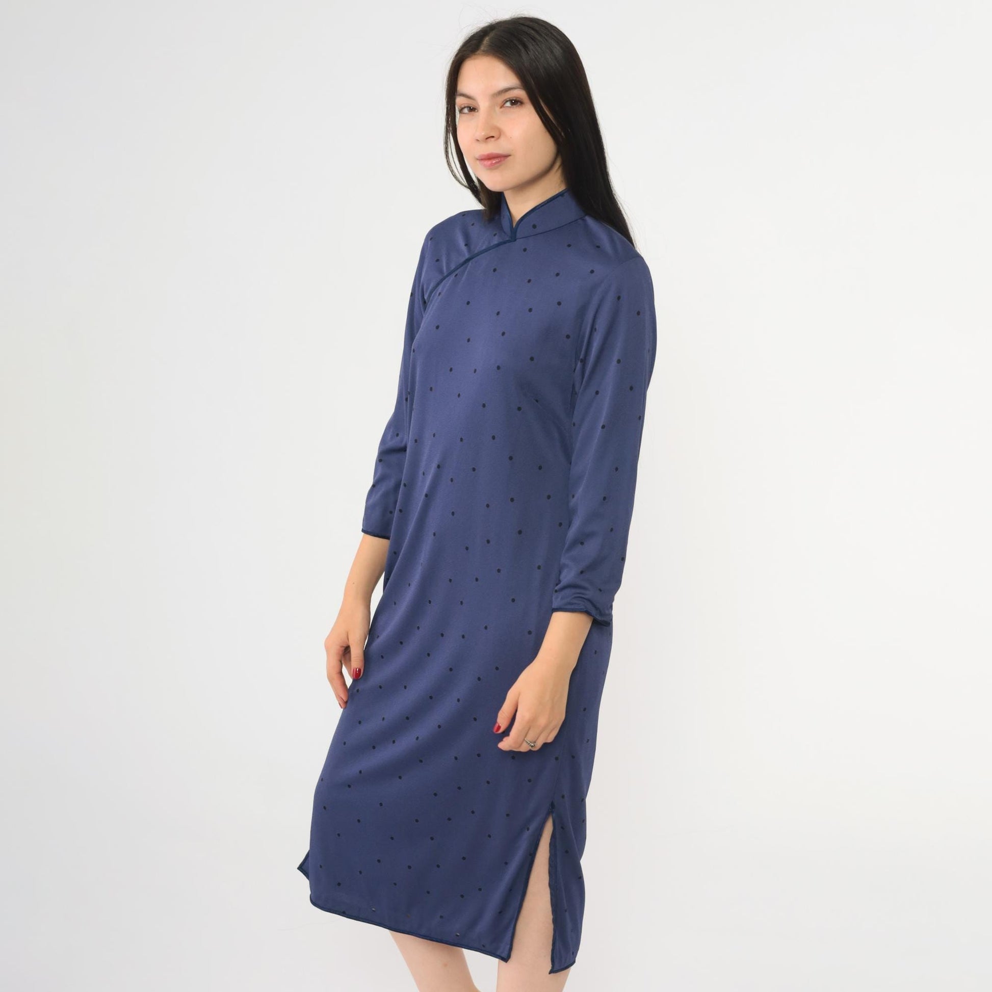 80s Navy Polka Dot Cheongsam Midi Dress Mandarin Collar Side Slit Medium M