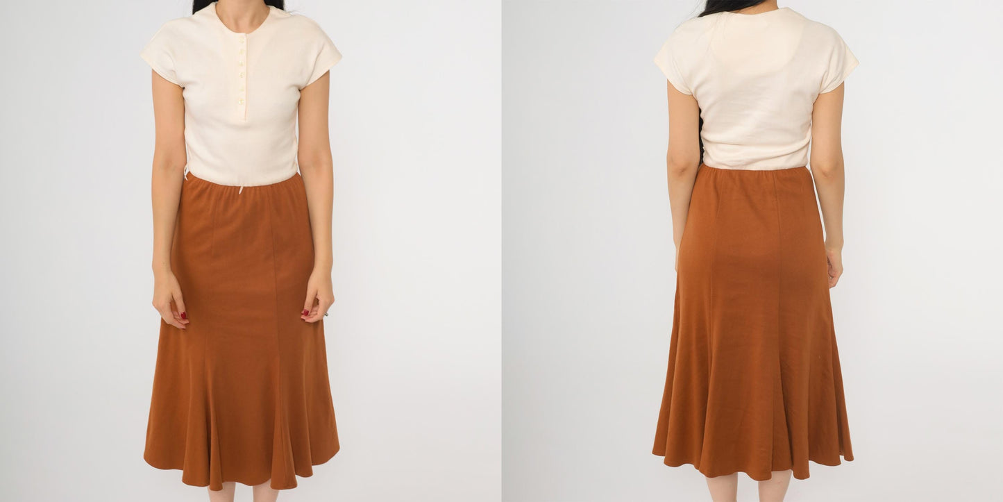 80s Cream Burnt Orange Knit Midi Shirtdress Button Up Cap Sleeve Extra Small