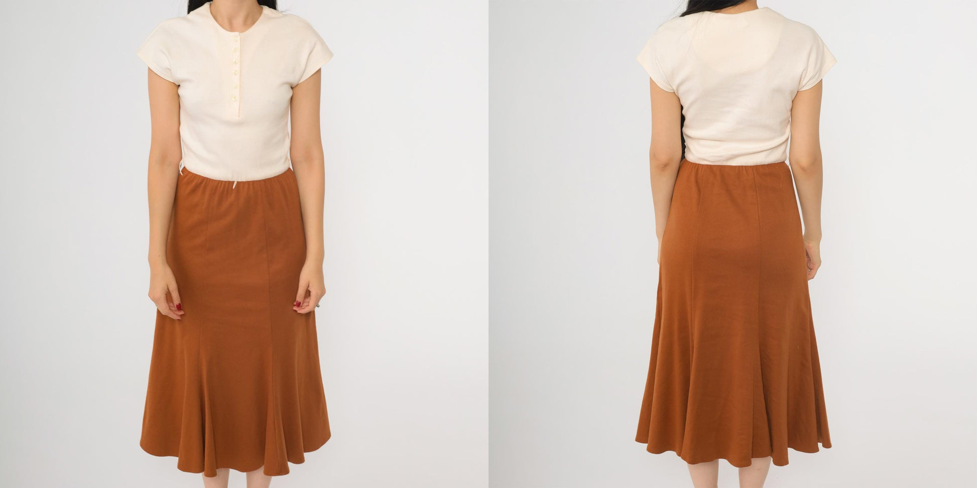 80s Cream Burnt Orange Knit Midi Shirtdress Button Up Cap Sleeve Extra Small