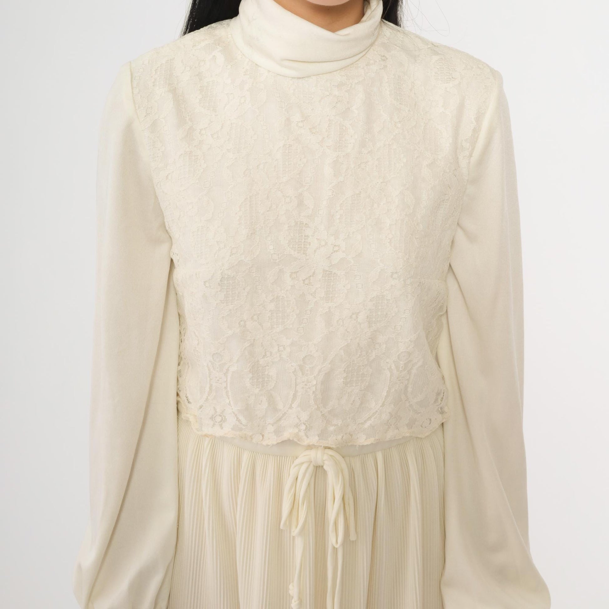 70s Cream Lace Midi Dress Turtleneck Pleated High Waist Long Sleeve Small S