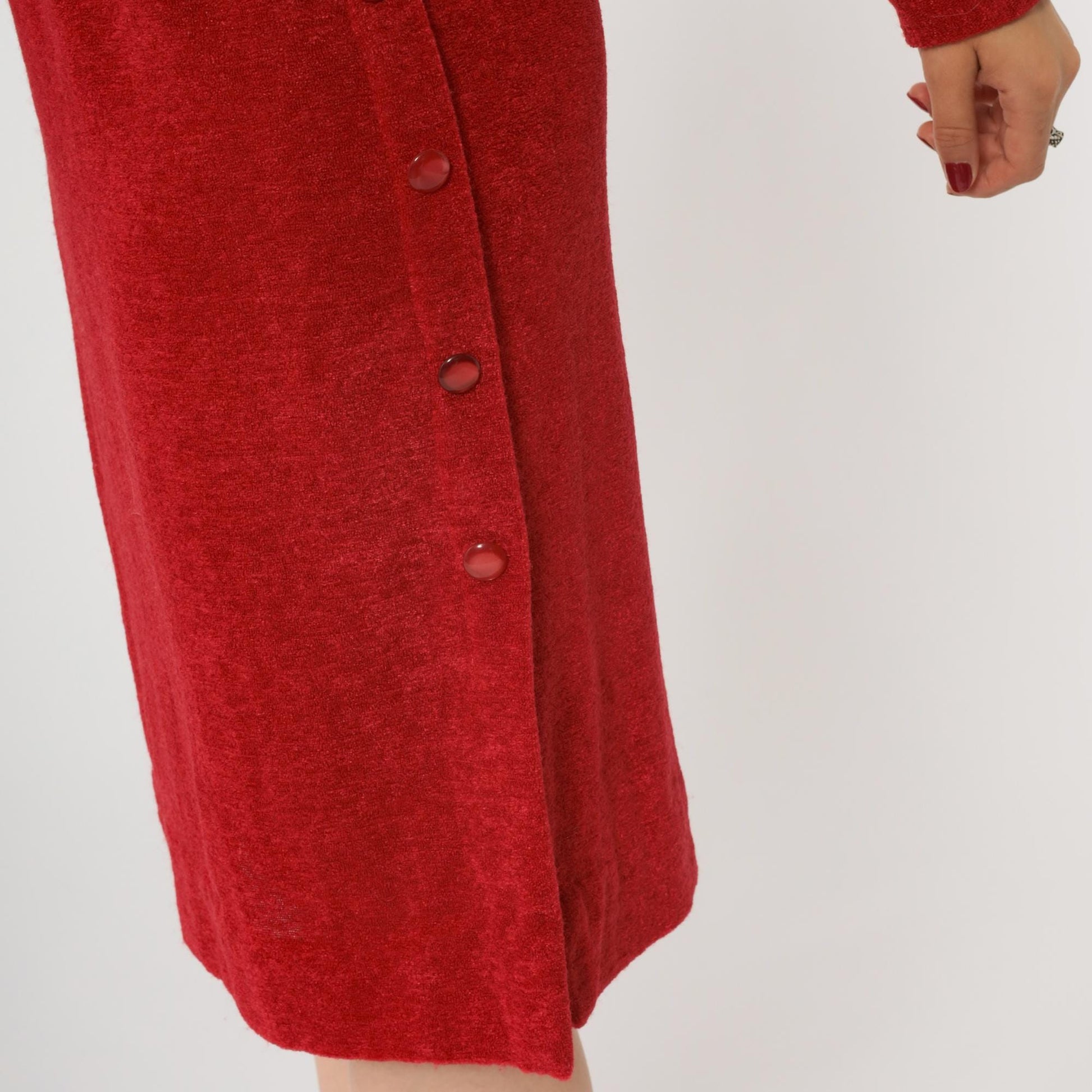70s Red Terrycloth Midi Dress Dolman Sleeve V-Neck High Waist Small S