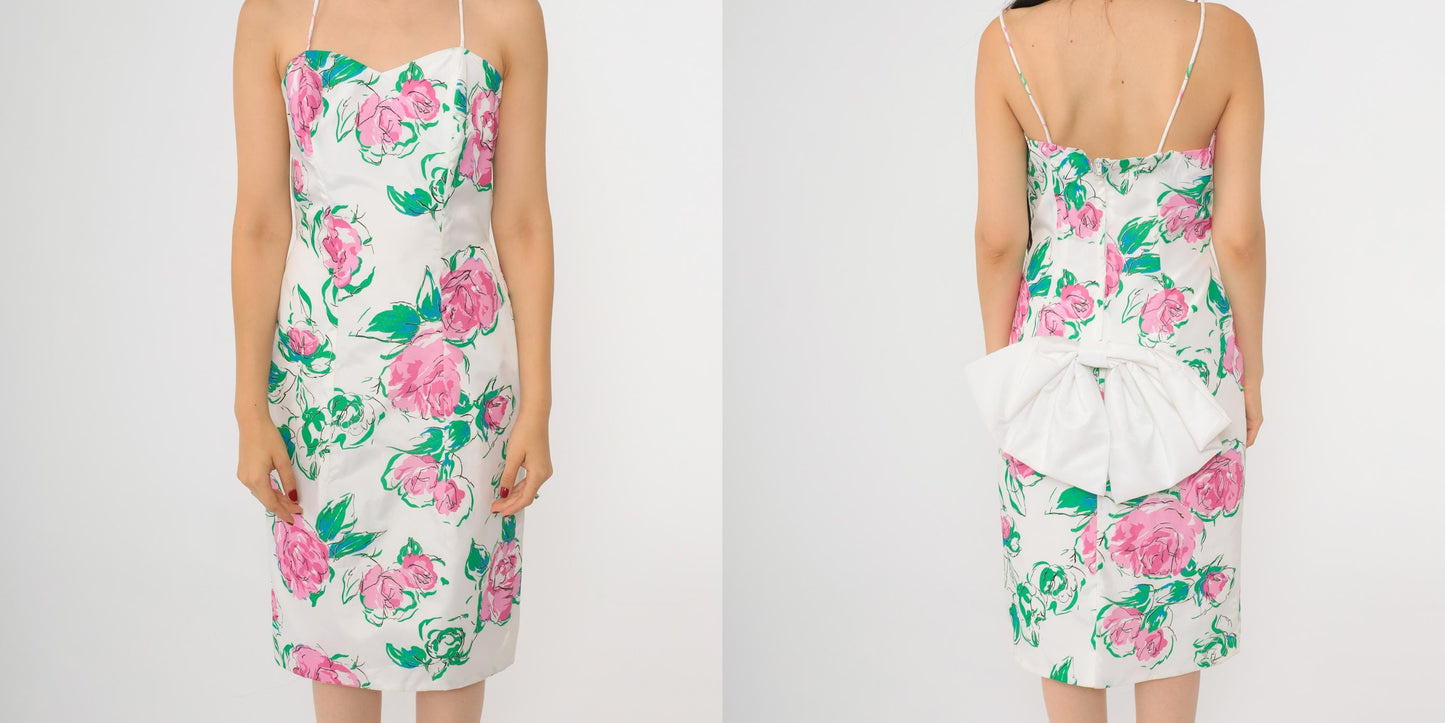 80s White Floral Sweetheart Midi Dress Pink Green Bow Back Small