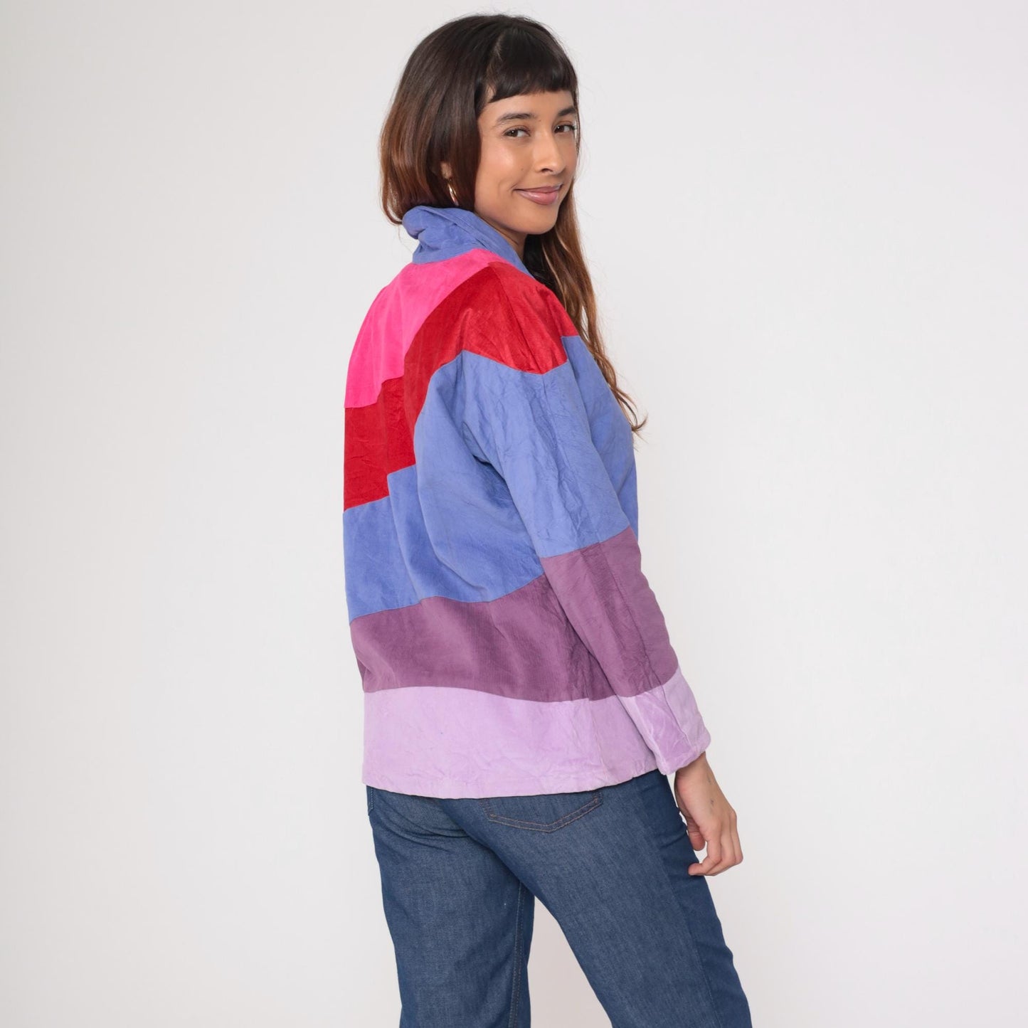 70s Corduroy Color Block Button Up Blouse Pink Purple Red Long Sleeve Large L