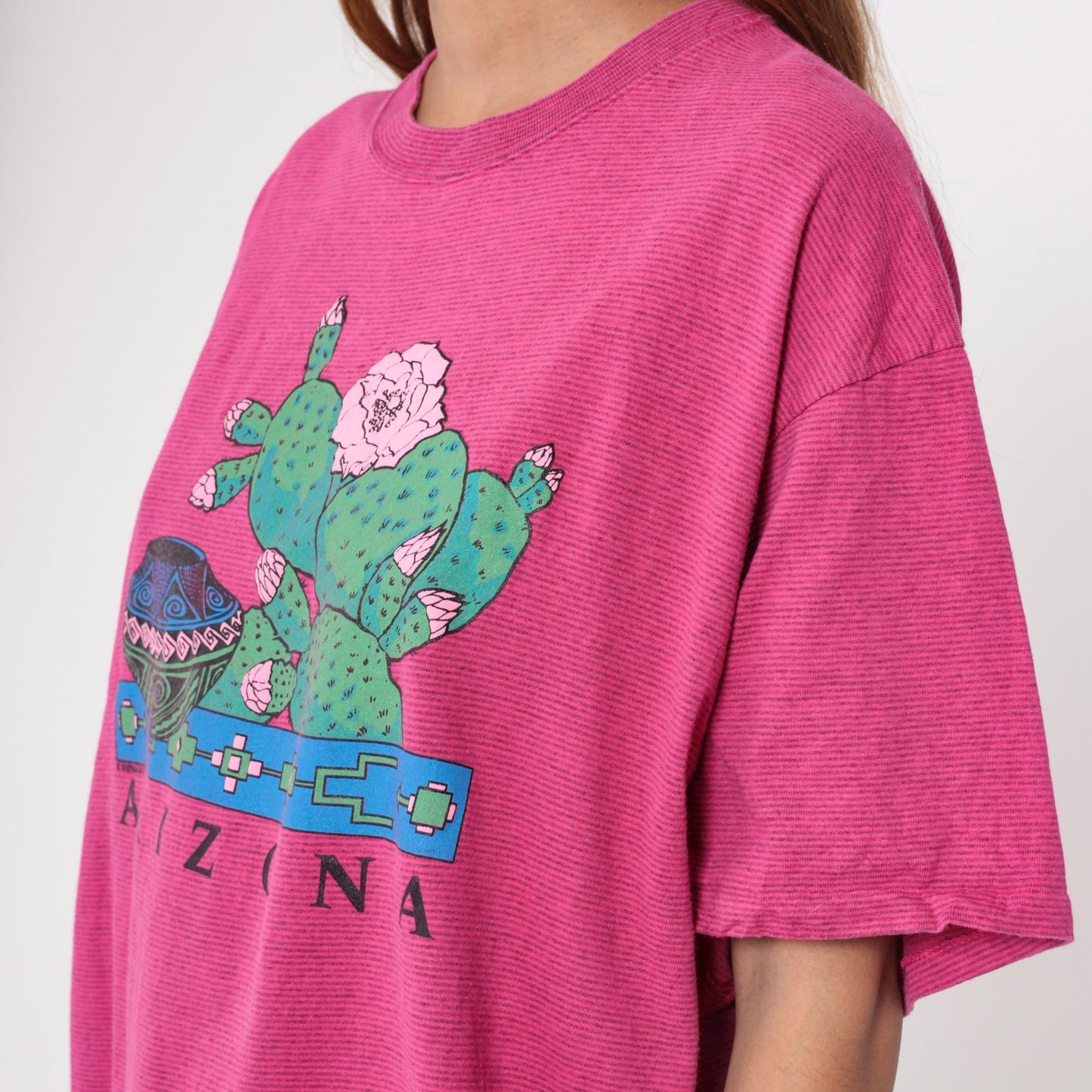 90s Arizona Prickly Pear Cactus Graphic T-Shirt Hot Pink Native American Pottery Extra Large