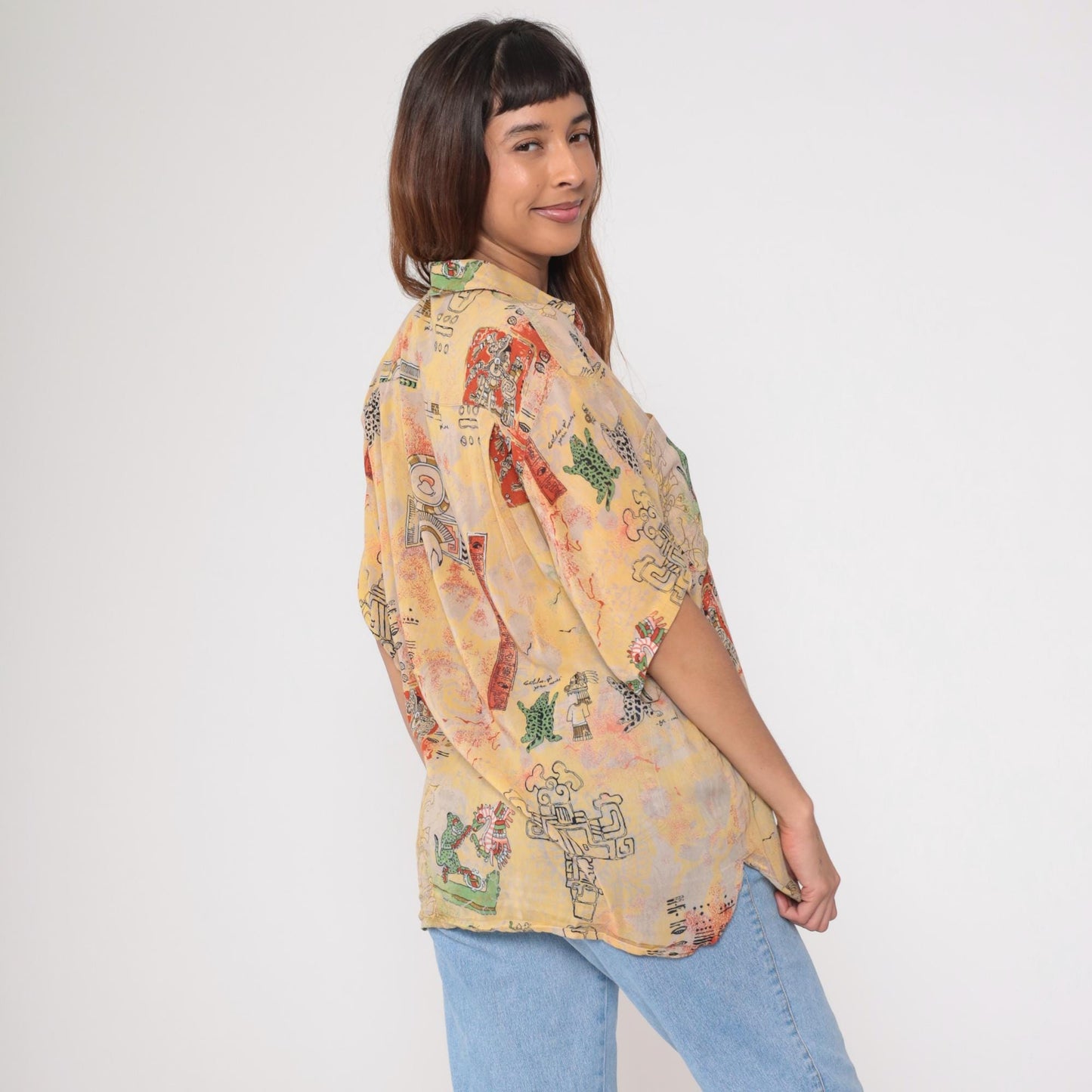 90s Aztec Print Button Down Shirt Yellow Abstract Figures Medium