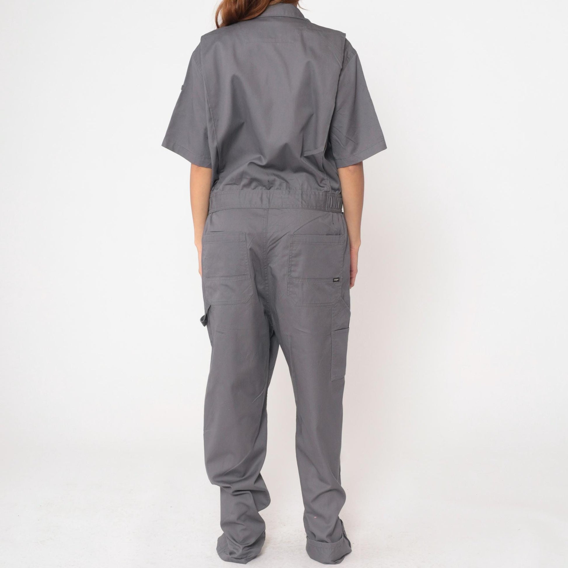 Y2K CQR Grey Utility Coveralls Short Sleeve Cargo Jumpsuit Medium M