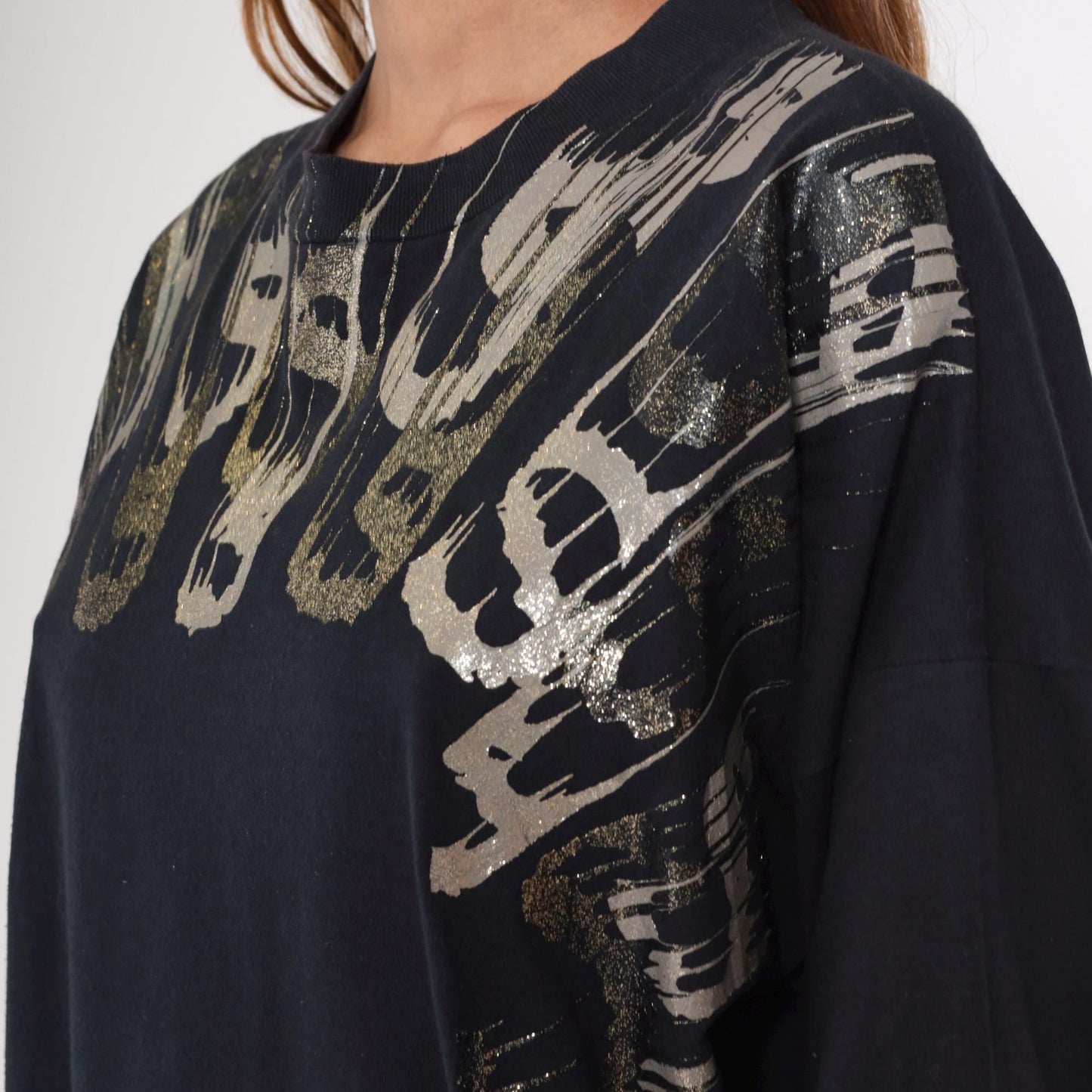 90s Metallic Paint Splatter Graphic Tee Black Abstract One Size