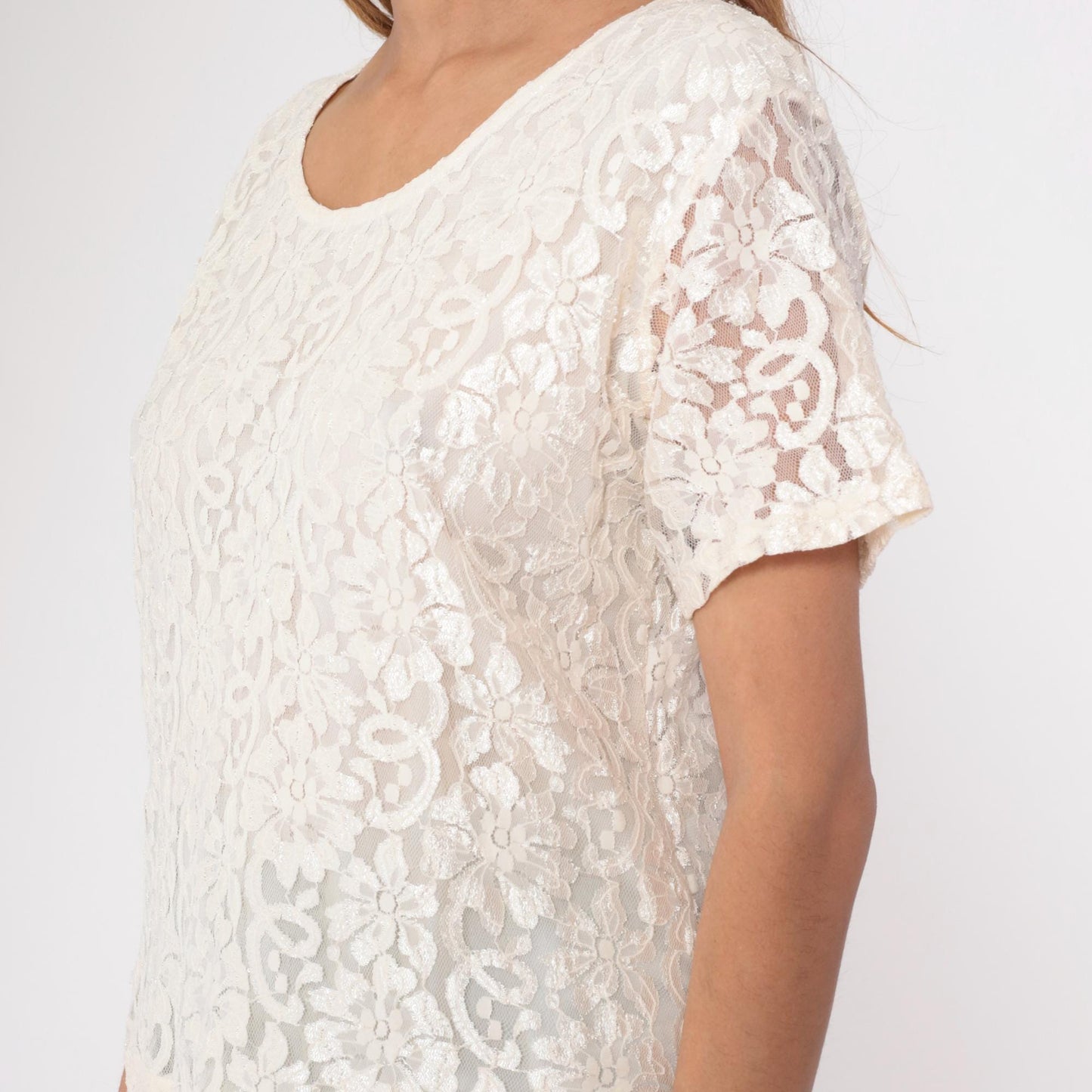 90s Cream Lace Blouse Sheer Sleeve Scoop Neck Party Top Large L
