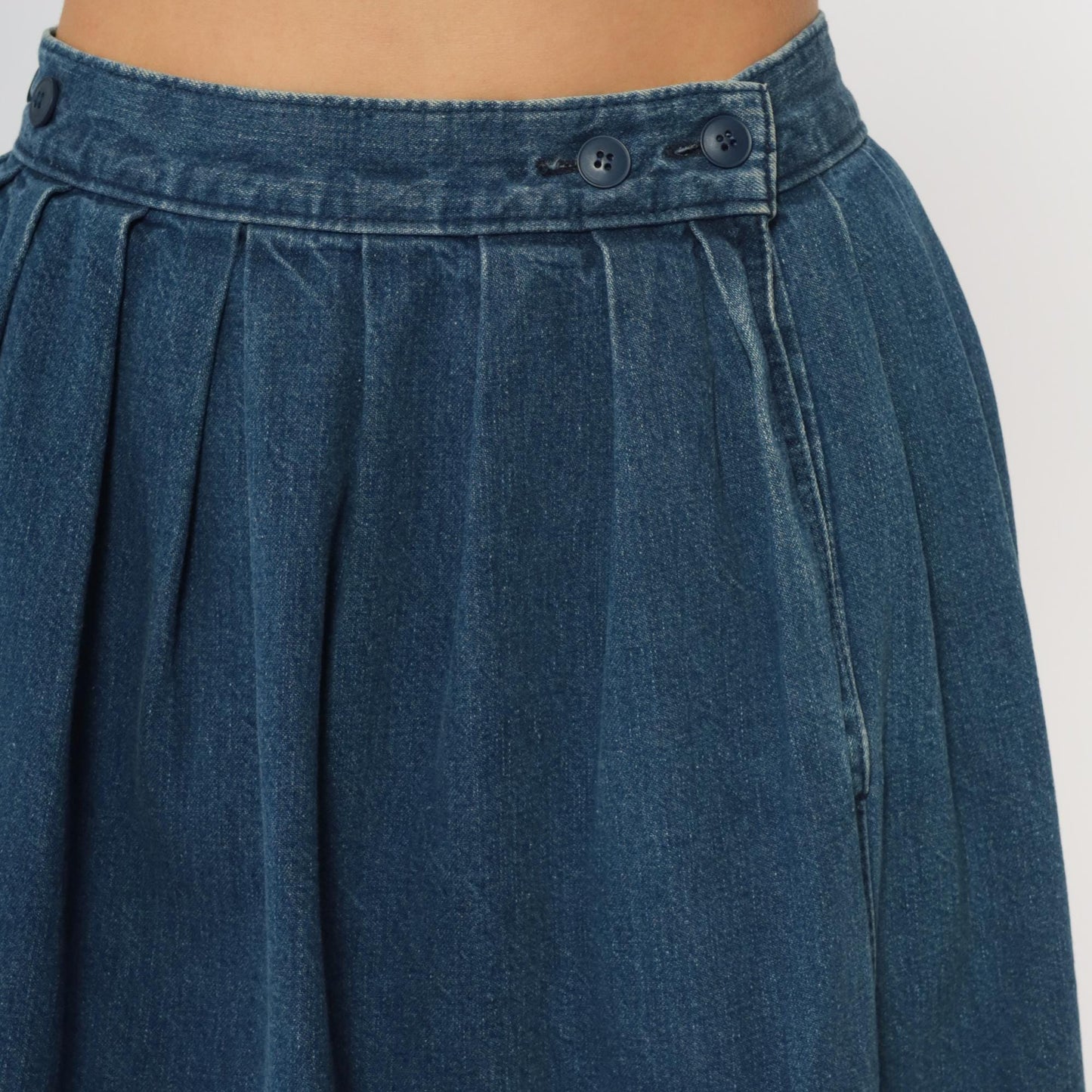80s Calvin Klein Medium Blue Denim Midi Skirt High Waisted Pleated A-Line Small