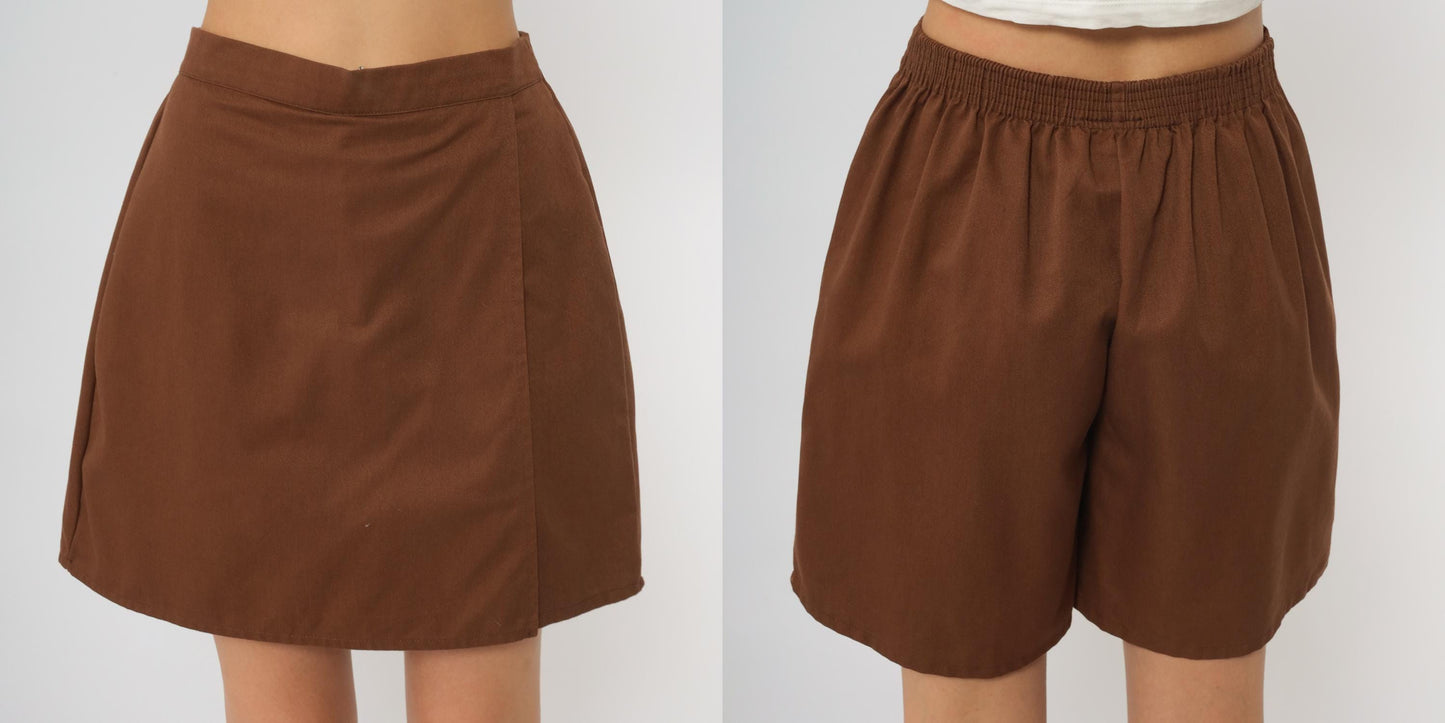 80s Girl Scouts Chocolate Brown Wrap Mini Skirt Elastic Waist Small