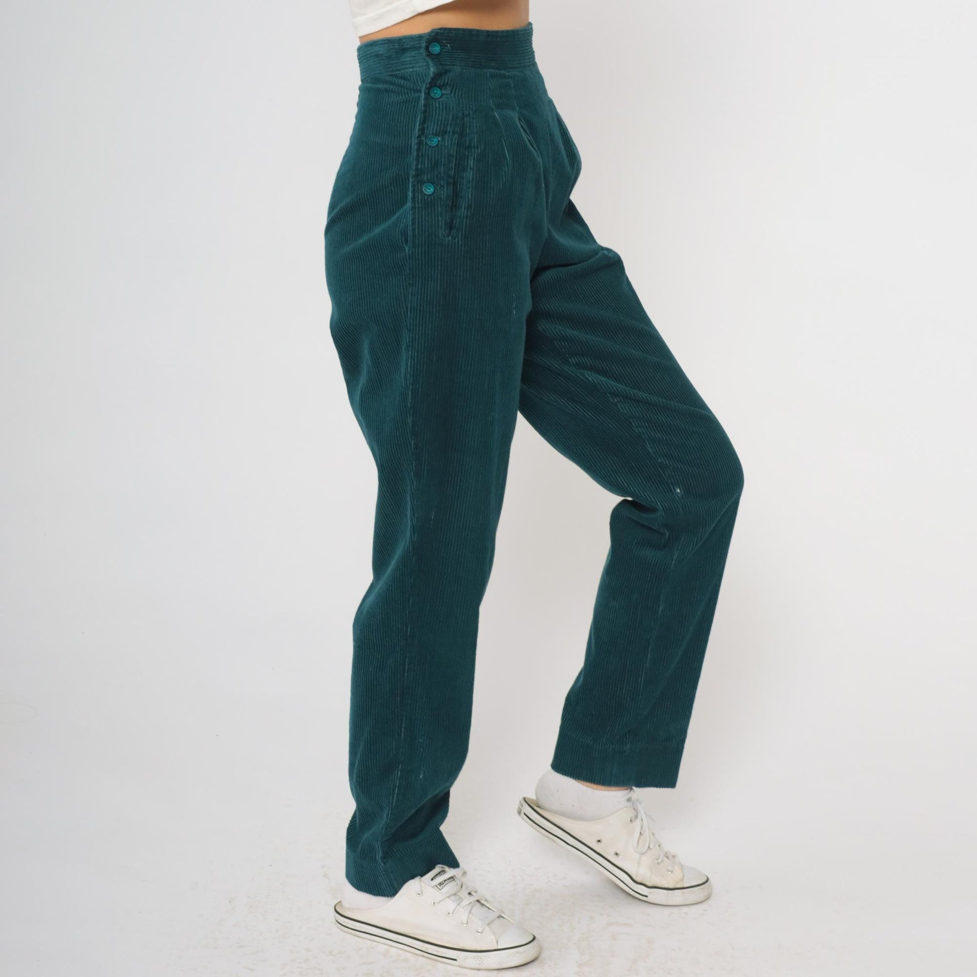 80s Emerald Green Corduroy High-Waisted Tapered Pants Button Fly XS