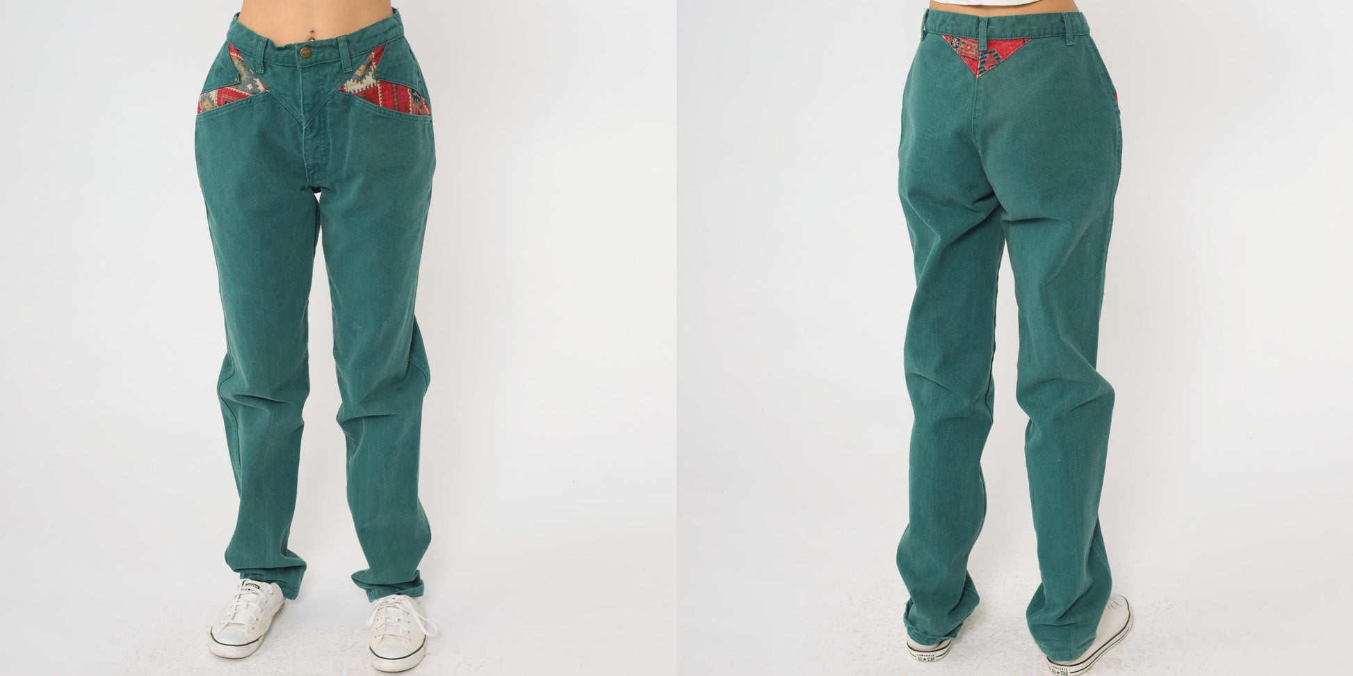 90s Roper Forest Green Denim Jeans Southwestern Patchwork High Waist Small