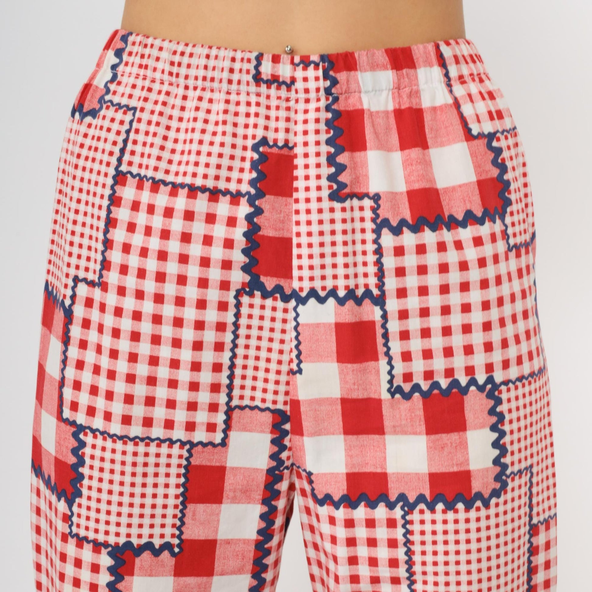 70s Patchwork Pants Red Gingham Check High Rise Wide Leg Cotton Extra Small XS
