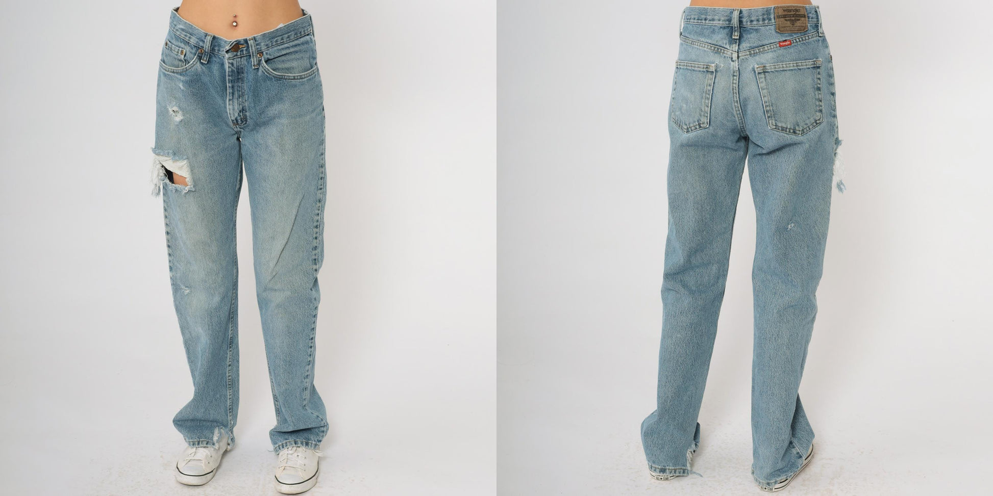 90s Wrangler High Waisted Straight Leg Jeans Blue Distressed Rips 30x32