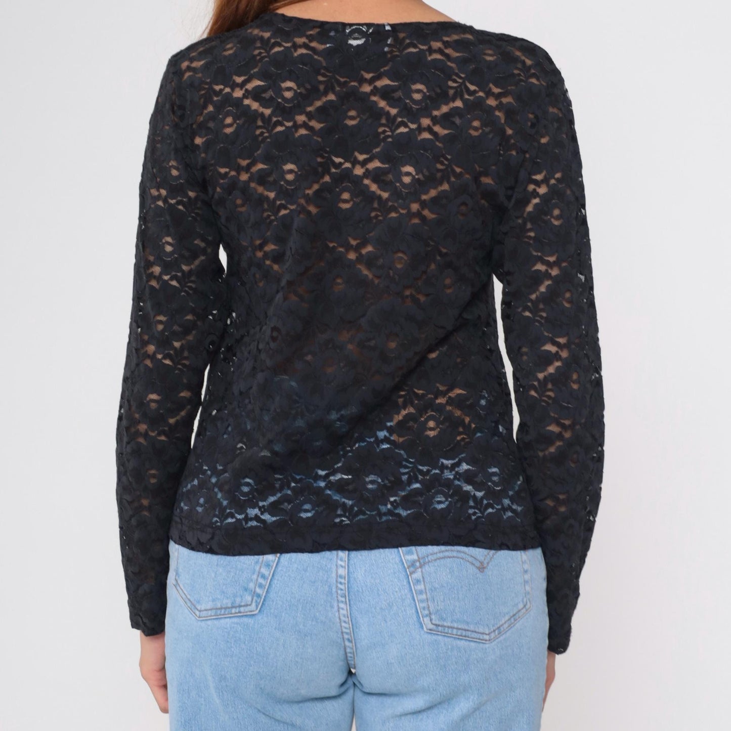 90s Sheer Black Floral Lace Long Sleeve Blouse Small S