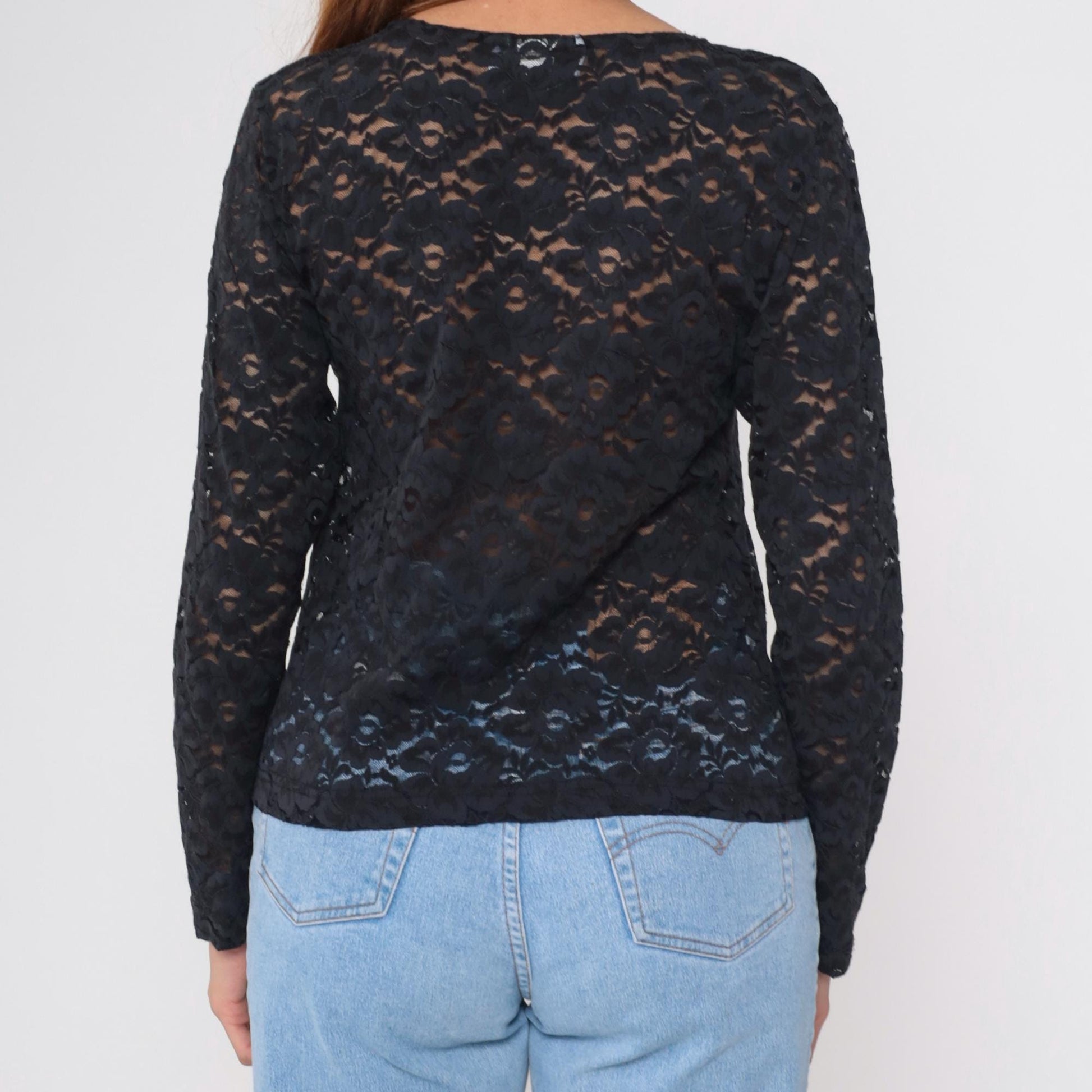 90s Sheer Black Floral Lace Long Sleeve Blouse Small S