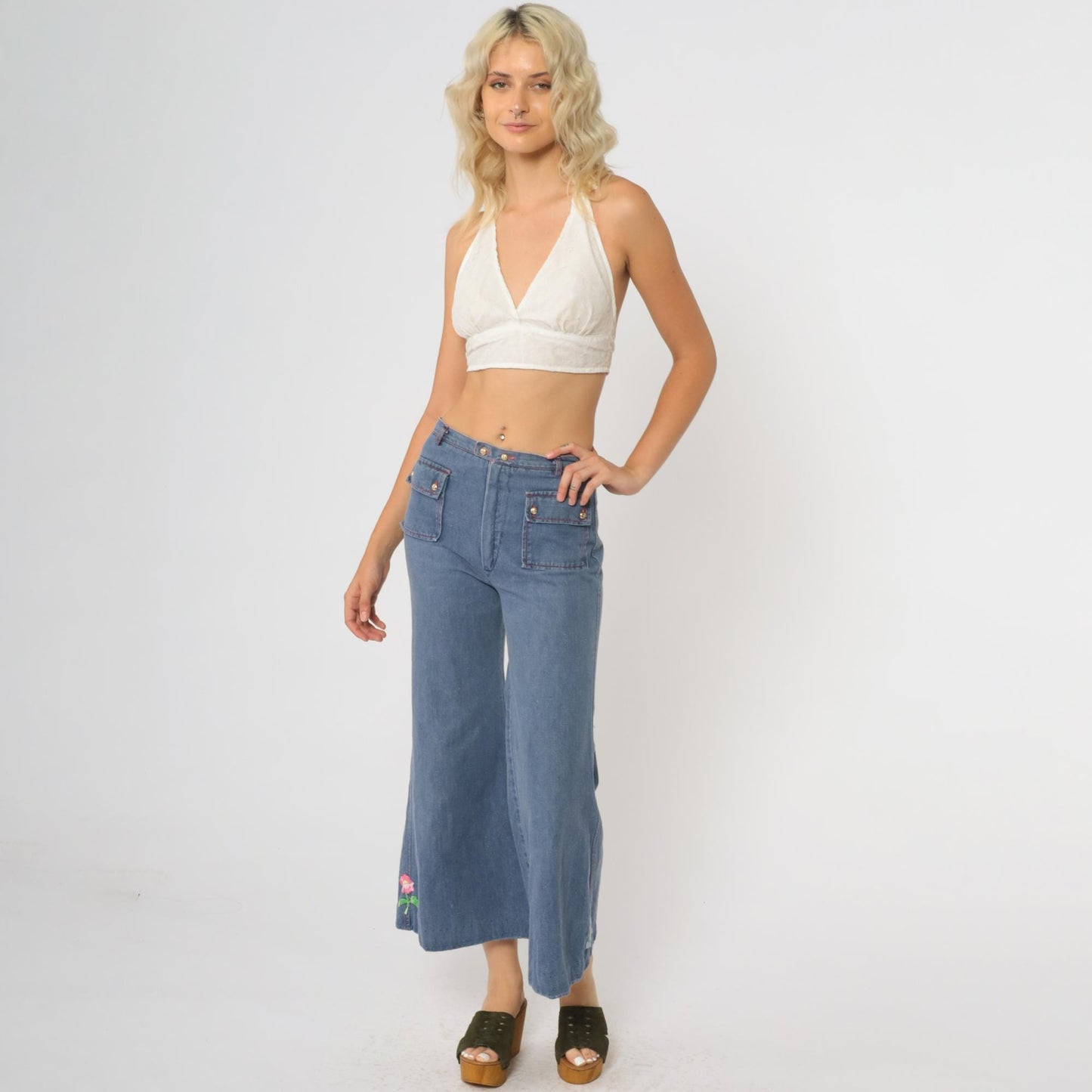 70s Carol Evans Bell Bottom Jeans High Waisted Flare Rose Embroidery Extra Small