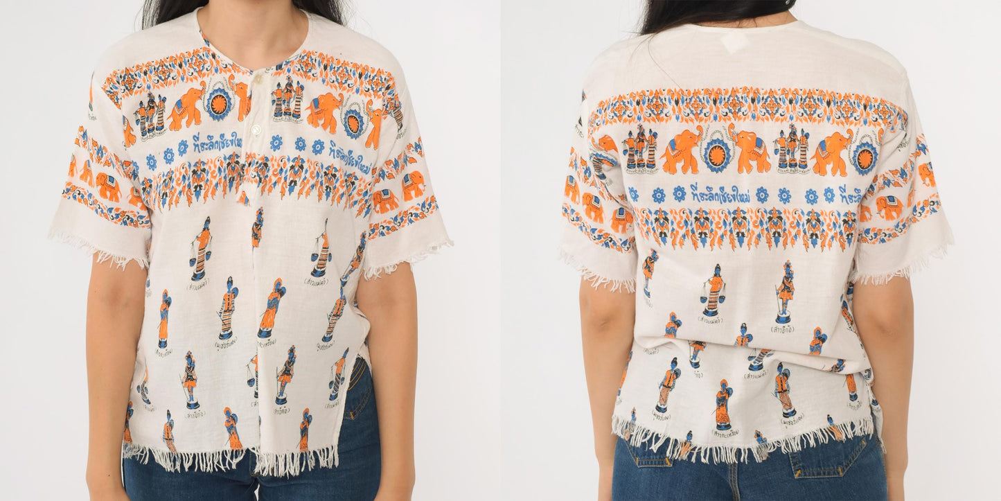 Y2K Thailand Souvenir Shirt White Cotton Elephant Print Fringe Small