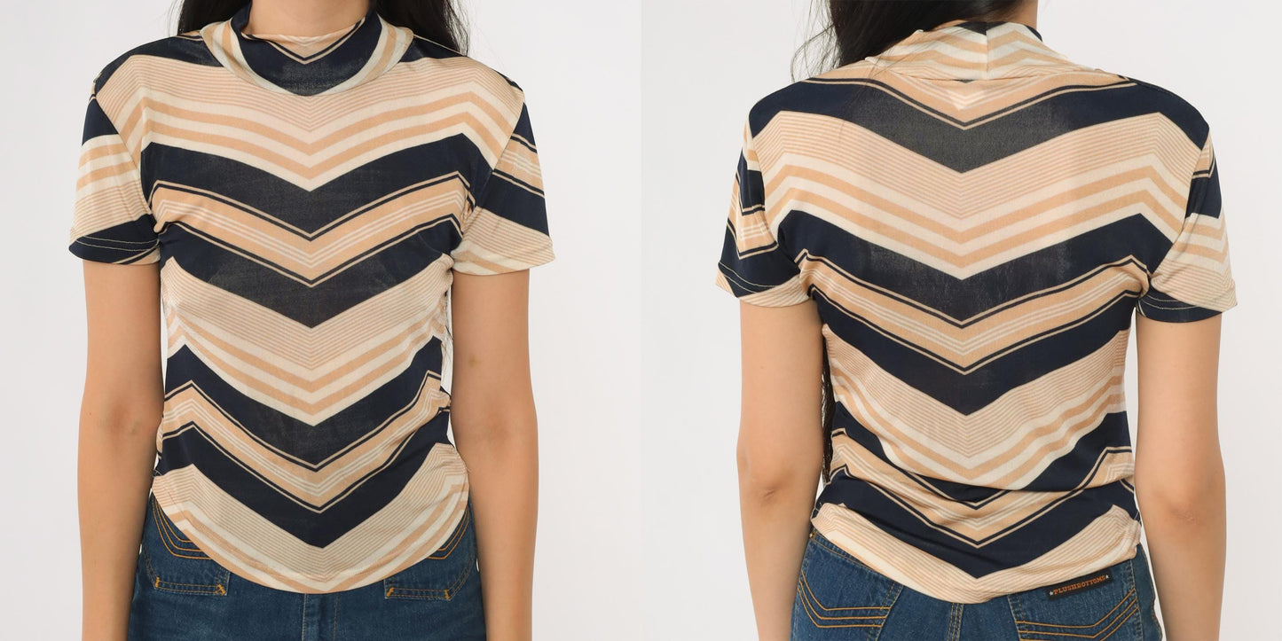 90s Chevron Striped Mock Neck Tee Tan Navy Small S
