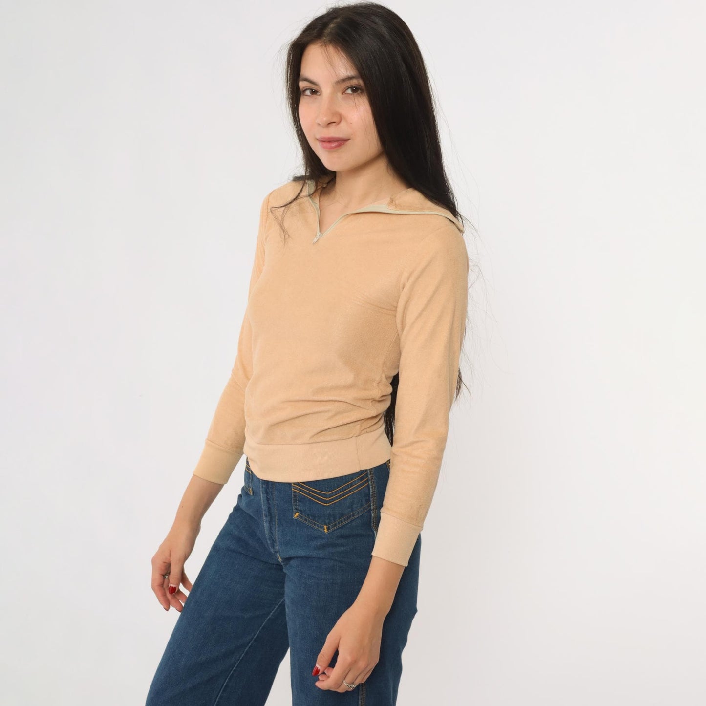 80s Tan Velour Quarter Zip Sweatshirt Fleece Pullover Youth Extra Small XXS