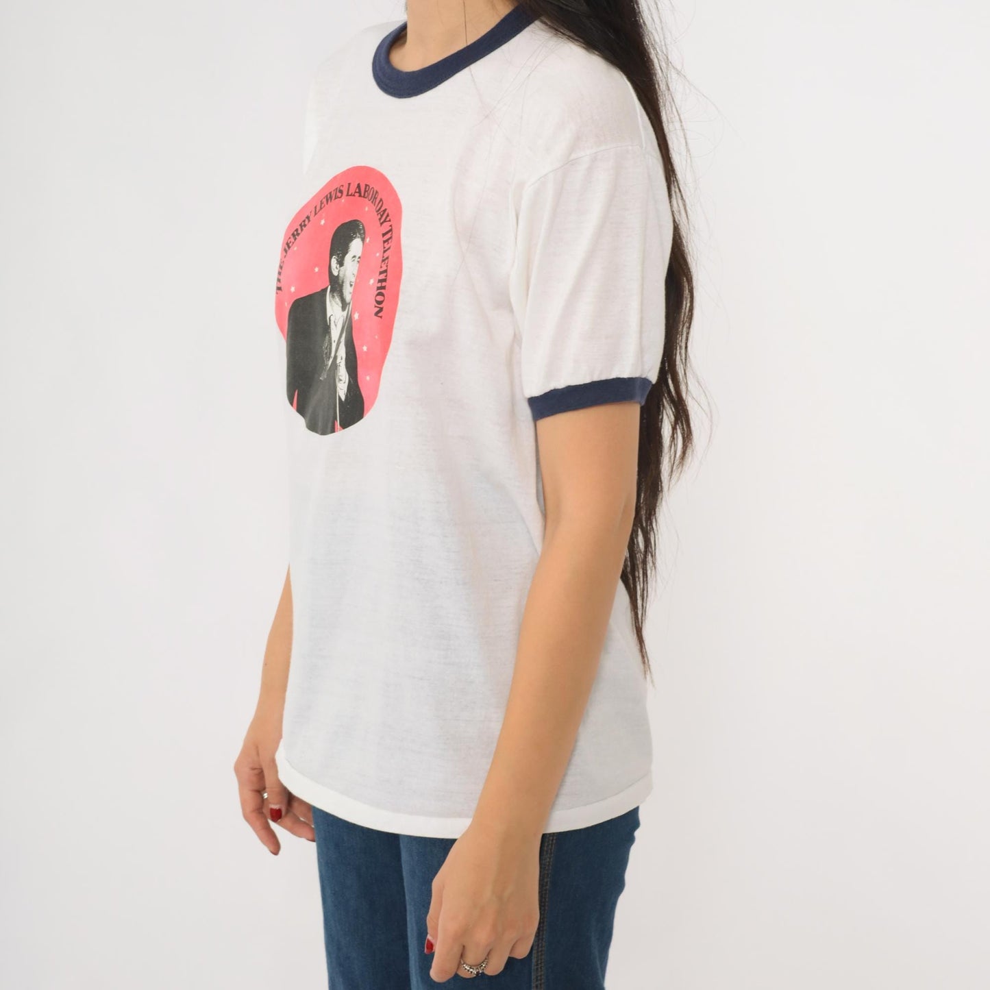 80s Jerry Lewis Labor Day Telethon Ringer T-Shirt White Navy Graphic Medium