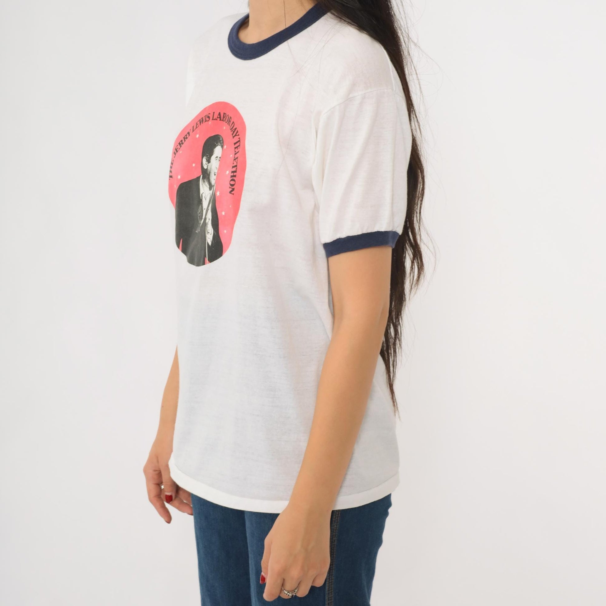 80s Jerry Lewis Labor Day Telethon Ringer T-Shirt White Navy Graphic Medium
