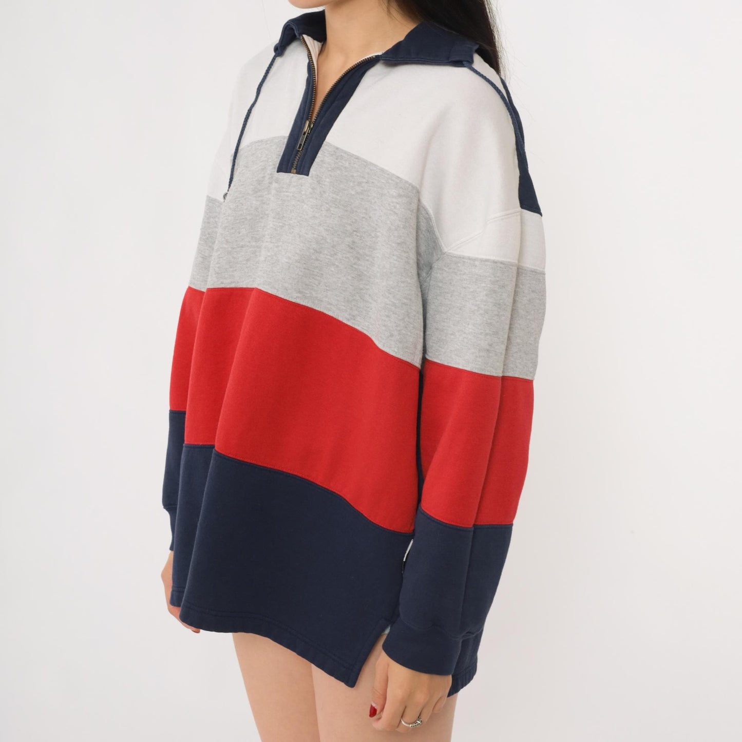 90s Color Block Quarter Zip Sweatshirt Grey Navy Red Striped Large L