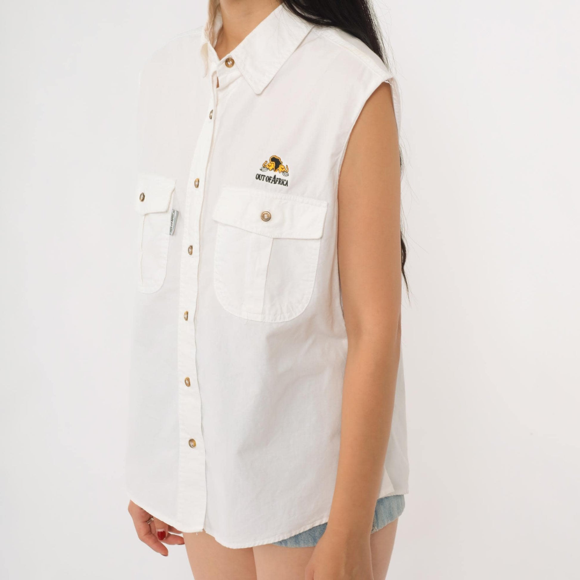 90s Out of Africa Safari Shirt White Sleeveless Button Up Embroidered Elephant Large