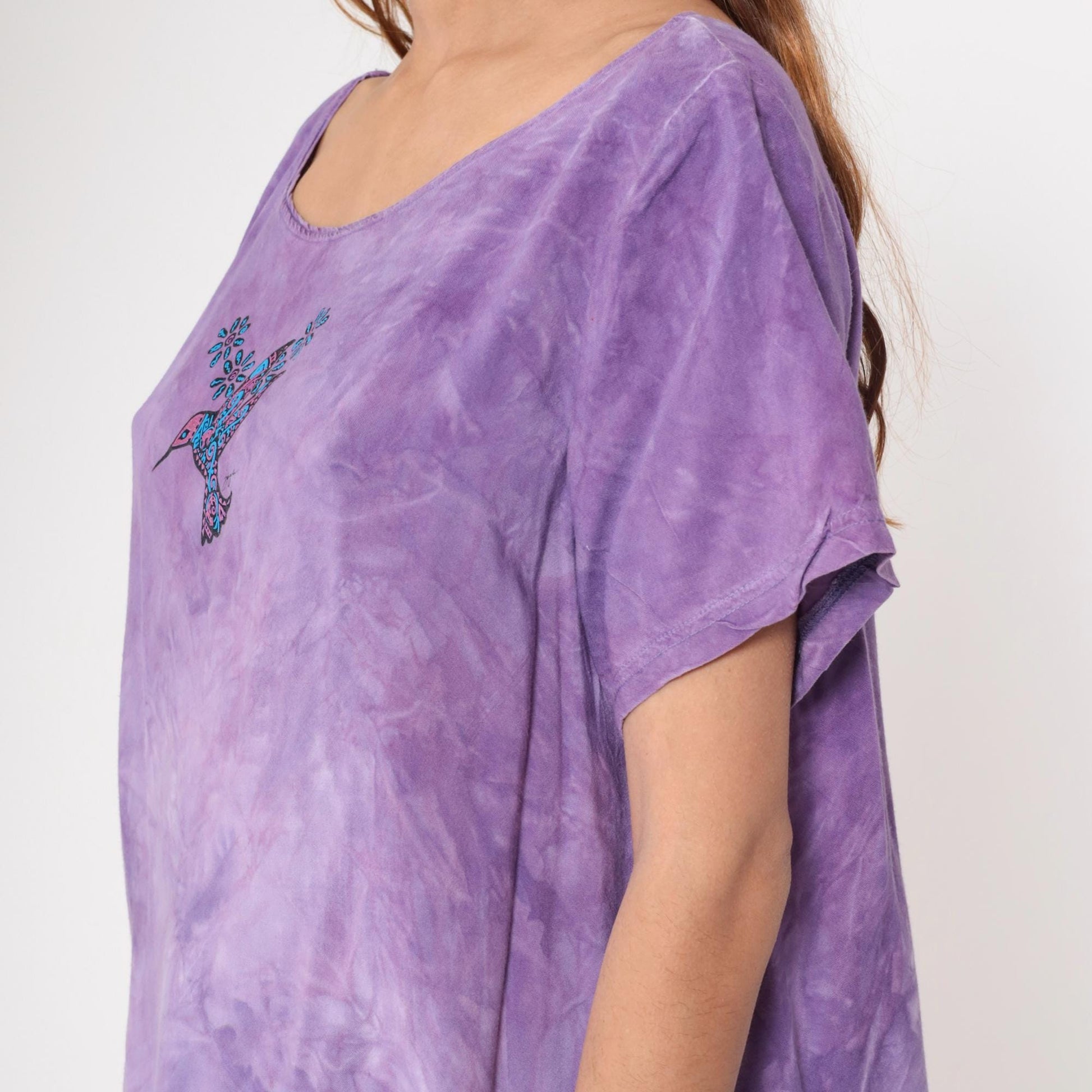 Y2K Purple Tie Dye Rayon Blouse Hummingbird Print Short Sleeve Large