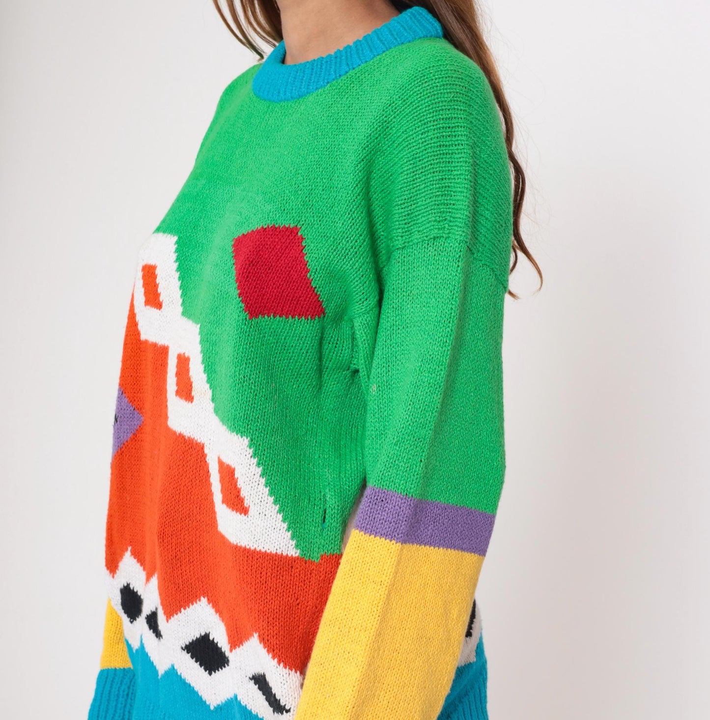 80s Geometric Color Block Knit Sweater Cotton Crewneck Orange Green Blue Large
