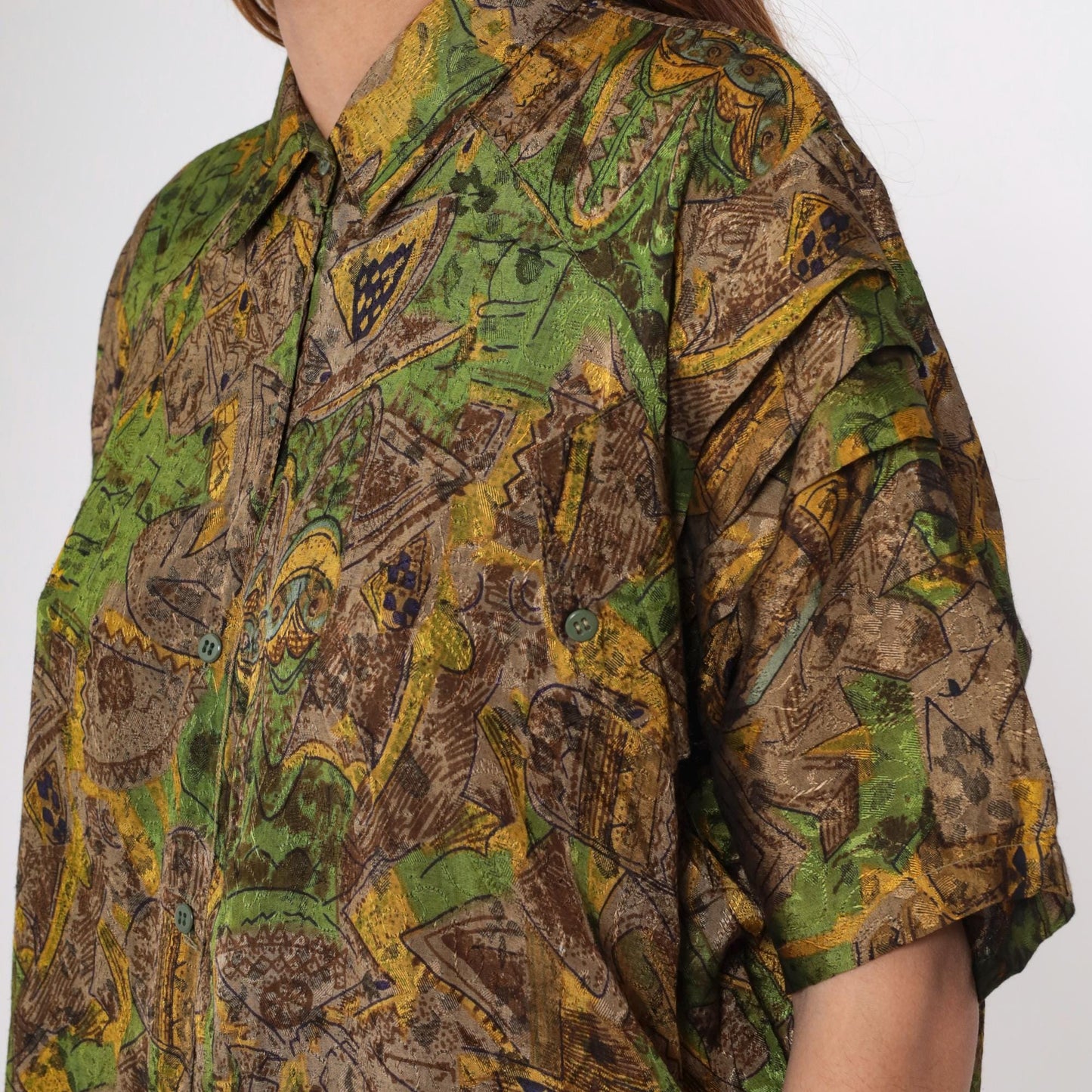 90s Geometric Button Up Shirt Brown Green Yellow Tropical Print Extra Large XL