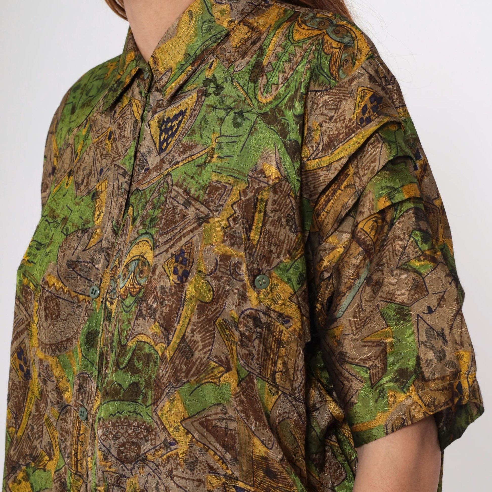 90s Geometric Button Up Shirt Brown Green Yellow Tropical Print Extra Large XL