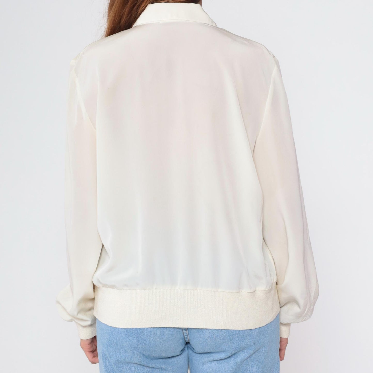 80s Philippe Marques Ivory Blouse Floral Appliqué Rhinestone Satin Knit Large L