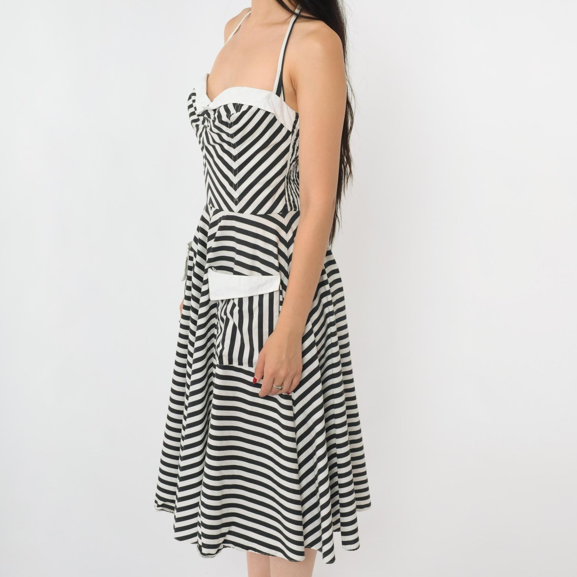 80s Black White Striped Halter Midi Dress Sweetheart Neckline Extra Small