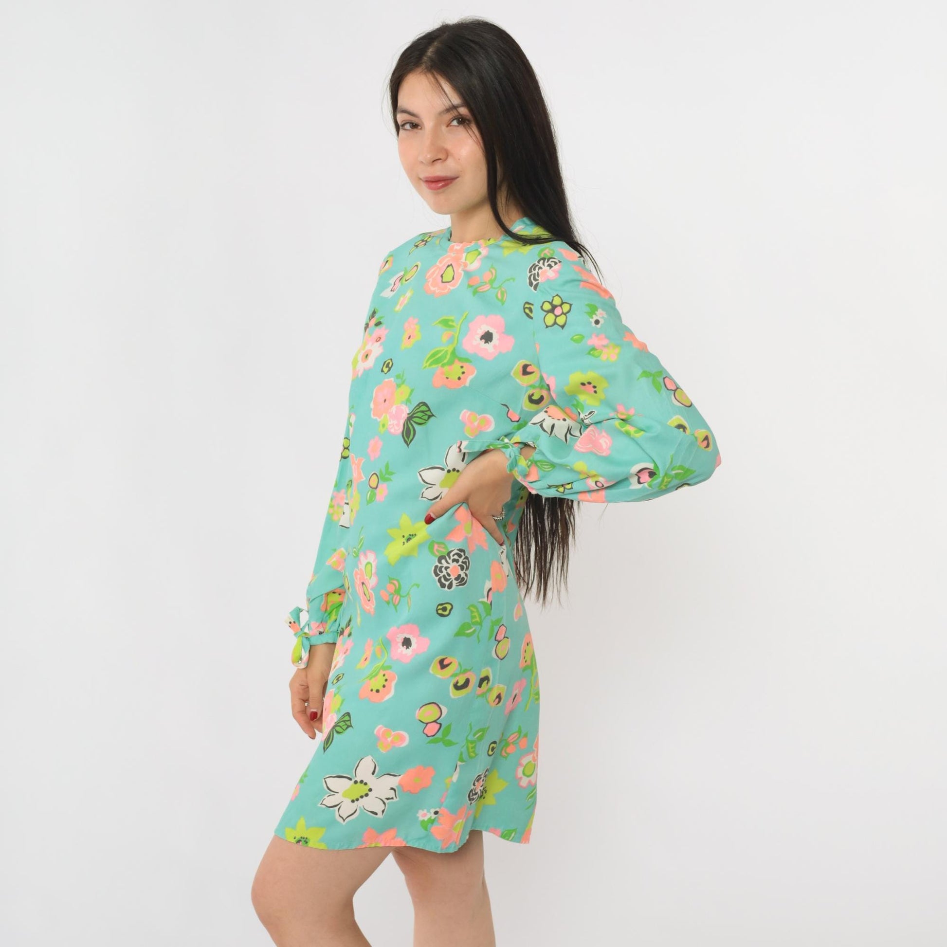 60s Mod Floral Mini Dress Aqua Blue Keyhole Back Long Sleeve Small