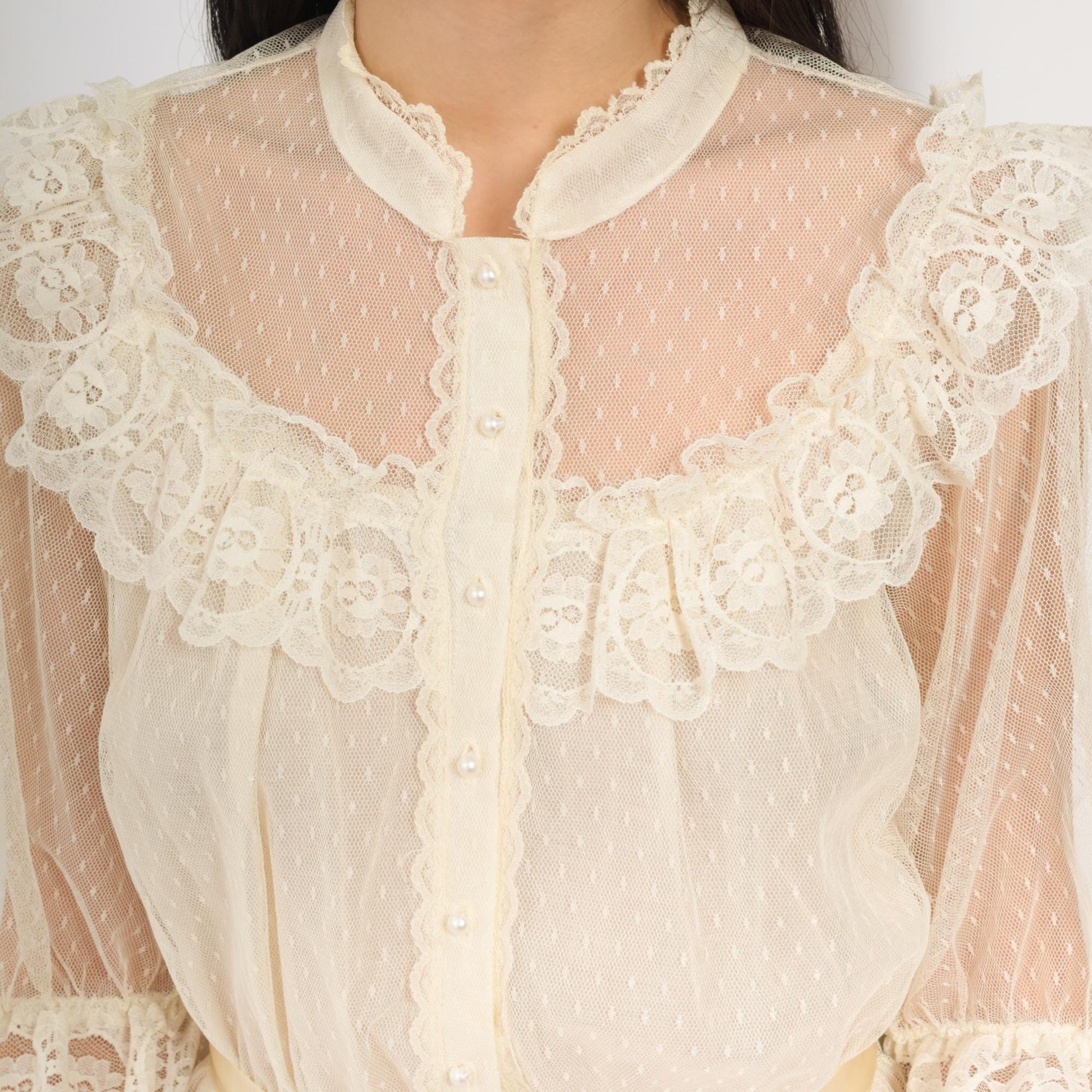 70s Cream Lace Midi Dress Pearl Button Puff Sleeve High Neck Small