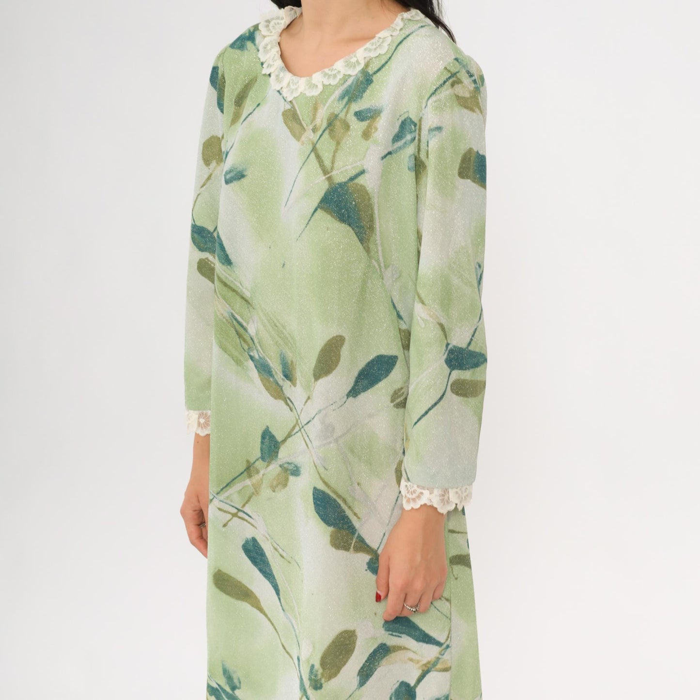 70s Green Metallic Maxi Dress Watercolor Leaf Print Lace Trim Long Sleeve Medium M