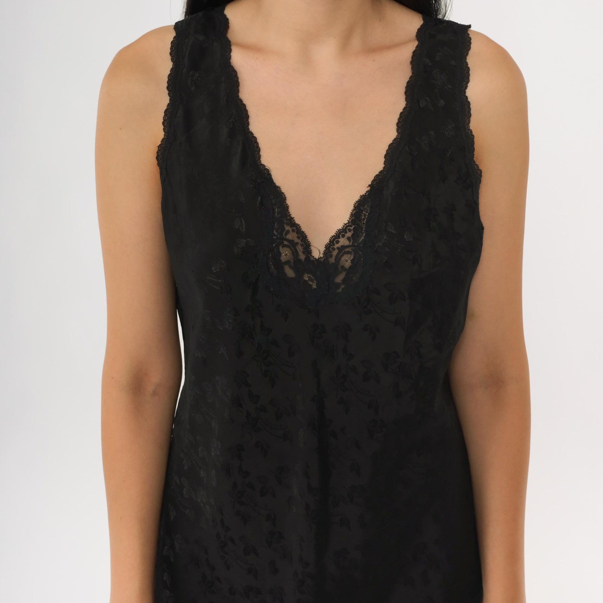 90s Barbizon Black Floral Jacquard Slip Dress Lace Trim Deep V Small