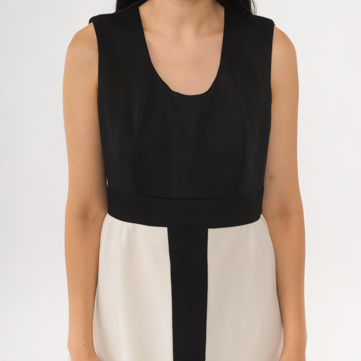60s Mod Color Block Mini Dress Black White Striped High Waist Sleeveless Medium