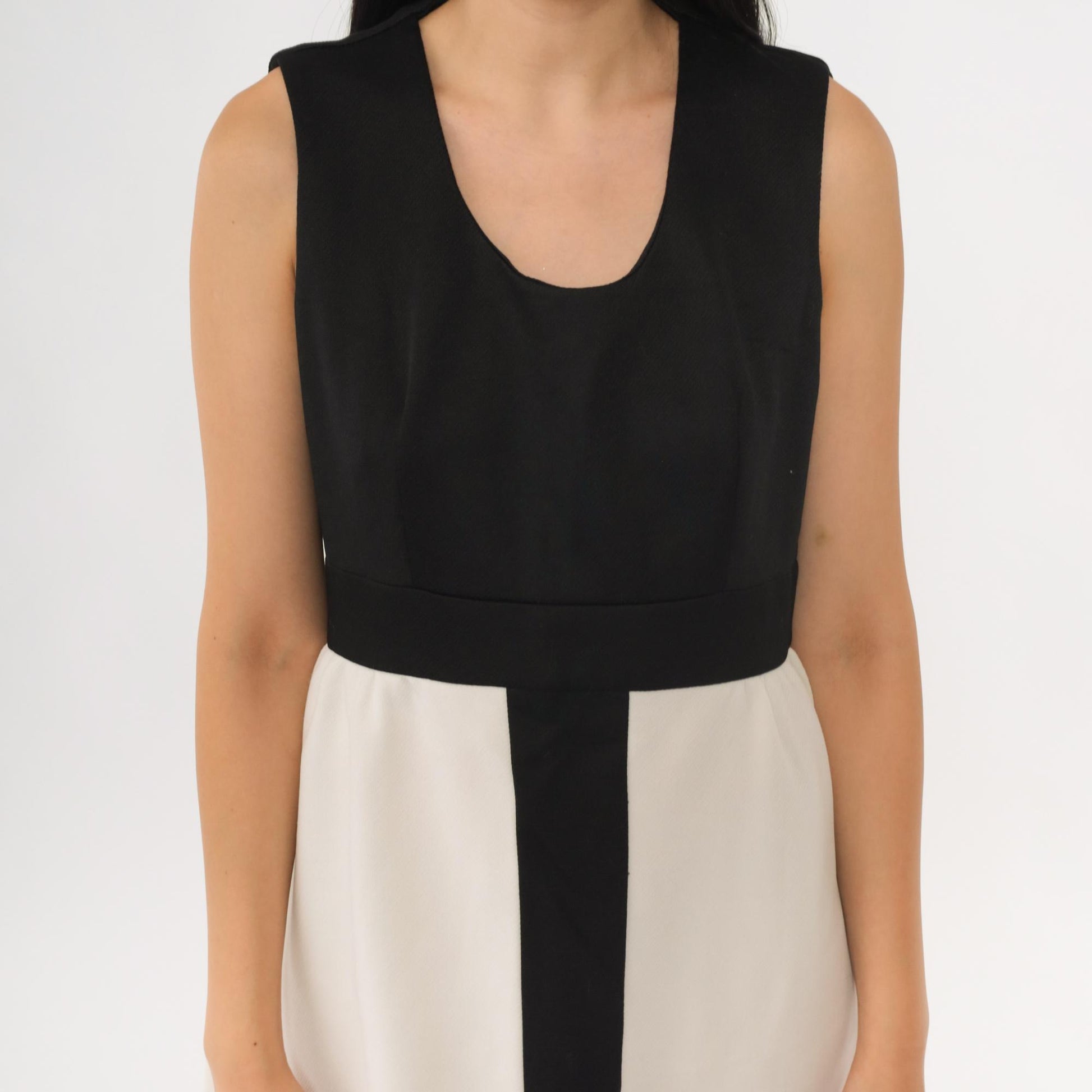60s Mod Color Block Mini Dress Black White Striped High Waist Sleeveless Medium