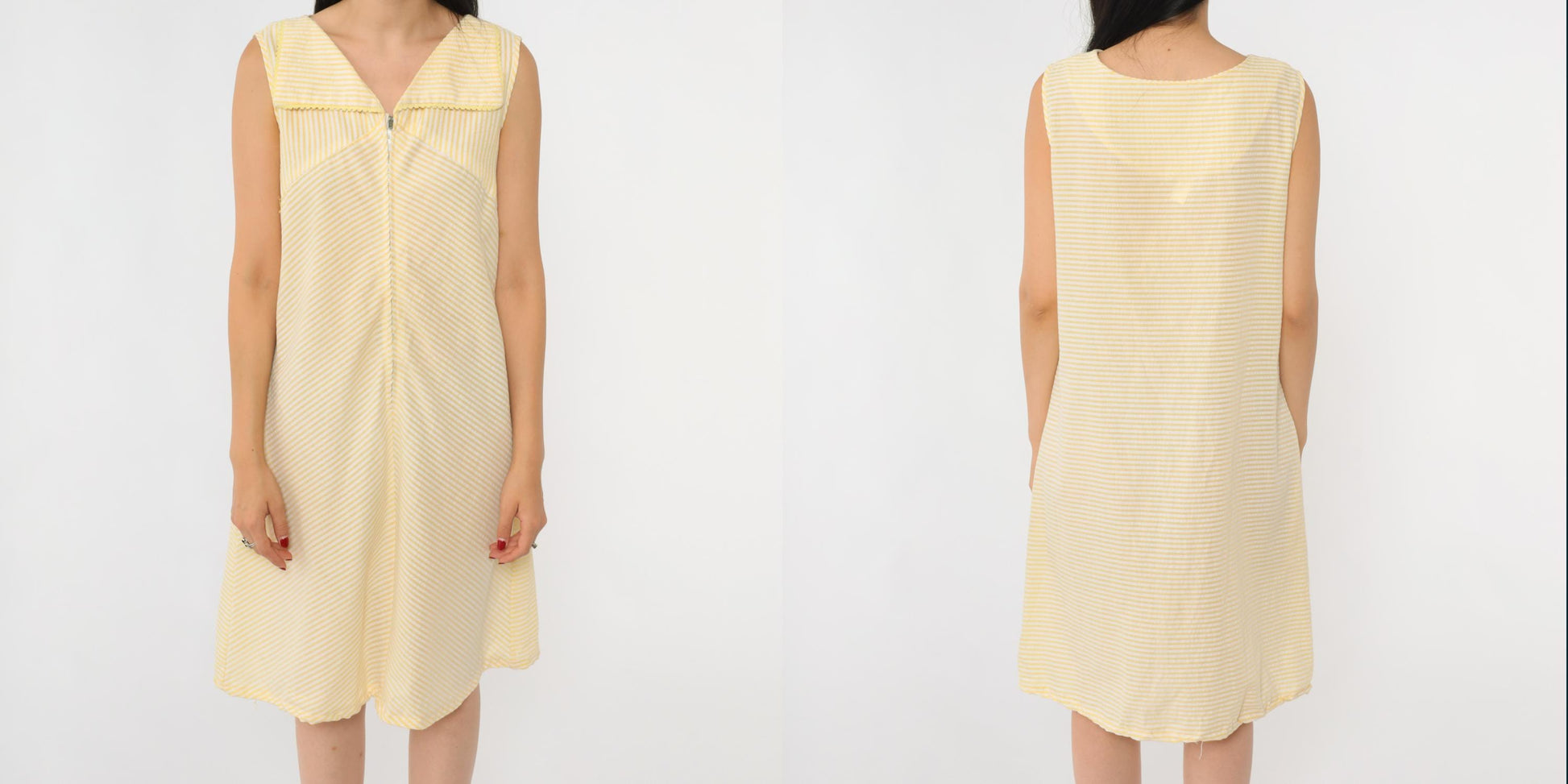 60s Yellow White Seersucker Striped Shift Dress Sleeveless Zip Front Knee Length Small