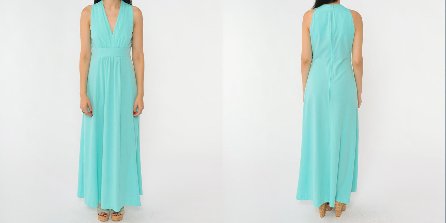 70s Aqua Maxi Dress Deep V Neck Sleeveless High Waist Small S