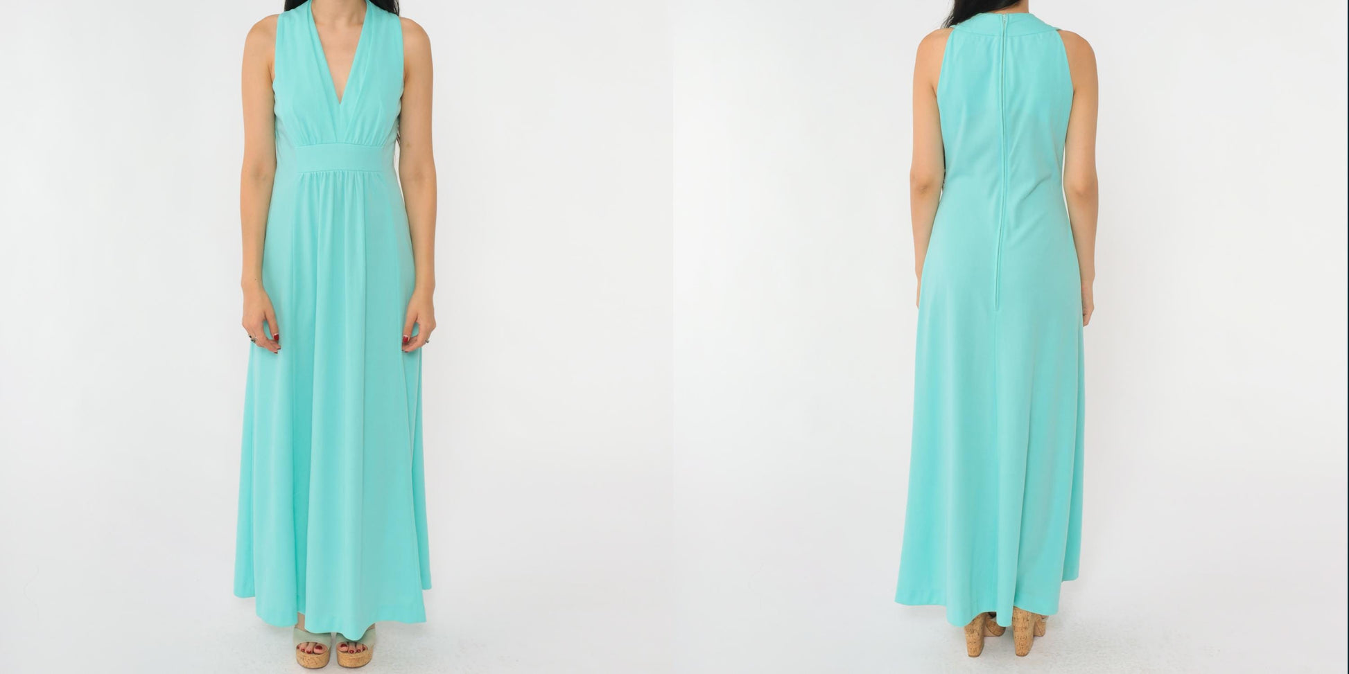 70s Aqua Maxi Dress Deep V Neck Sleeveless High Waist Small S
