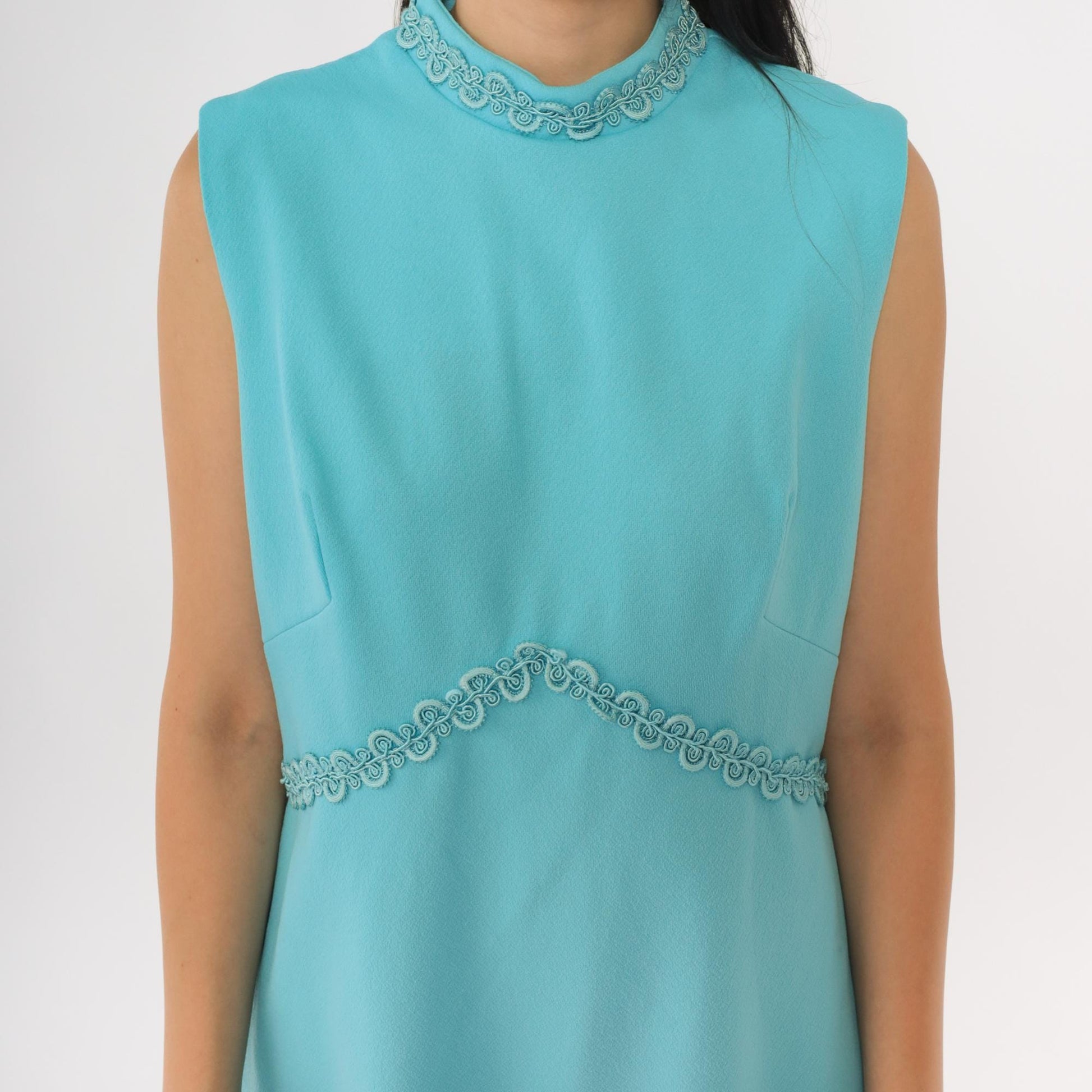 70s Blue Mod Mini Dress Empire Waist Mock Neck Sleeveless Medium M